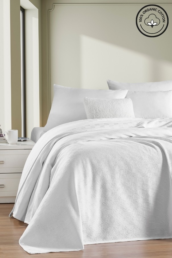 %100 Pamuk Küçük Dama Desenli Yatak Örtüsü – Lüks Otel Tipi Pike - BEYAZ