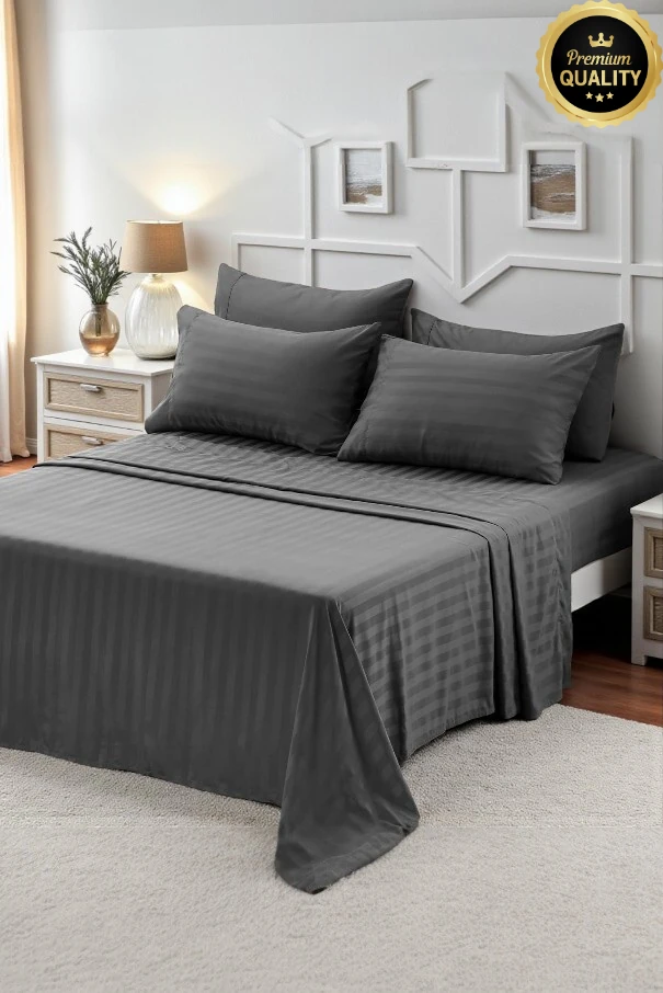 VESSİNO %100 Pamuk Çizgili Saten Nevresim Takımı – Çift Kişilik, Yumuşak ve Dayanıklı, 82 Tel Sık Dokuma - Antrasit