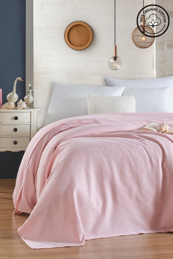 %100 Pamuk Küçük Dama Desenli Yatak Örtüsü – Lüks Otel Tipi Pike - PEMBE