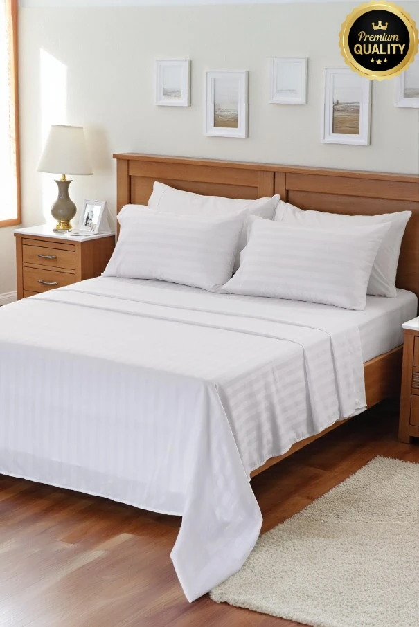 VESSİNO %100 Pamuk Çizgili Saten Nevresim Takımı – Çift Kişilik, Yumuşak ve Dayanıklı, 82 Tel Sık Dokuma - Beyaz