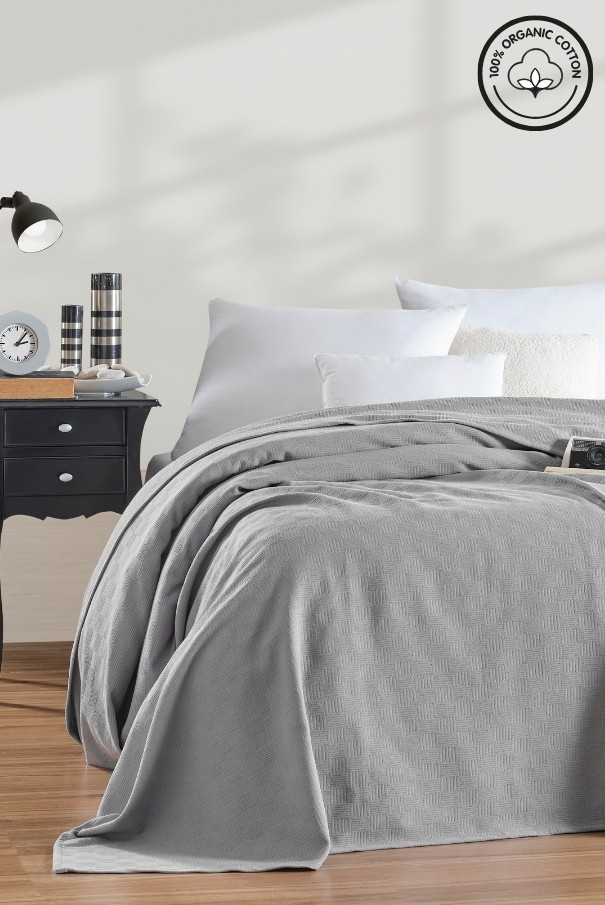%100 Pamuk Küçük Dama Desenli Yatak Örtüsü – Lüks Otel Tipi Pike - ANTRASIT