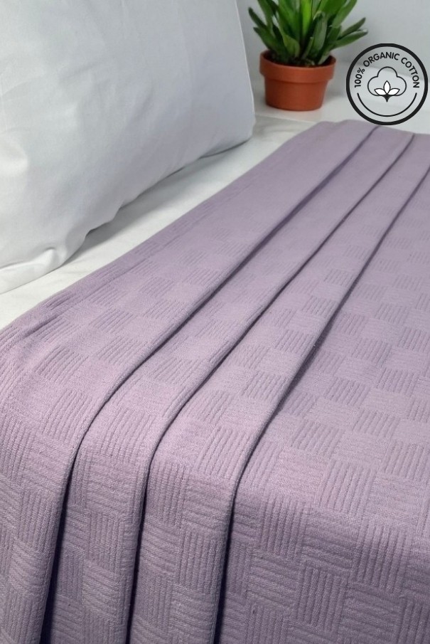 %100 Pamuk Küçük Dama Desenli Yatak Örtüsü – Lüks Otel Tipi Pike - LİLA
