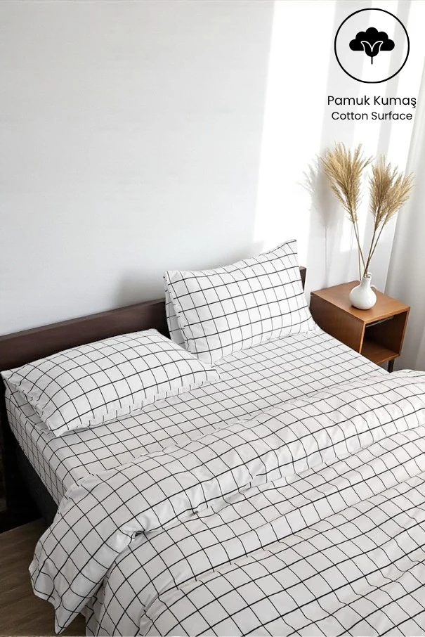 VESSİNOHOME Nevresim Takımı Çift Kişilik Pamuklu Ekose ( 160x200 Lastikli Çarşaf+ 200x220 yorgan Kılıfı+2 Yastık Kılıfı)