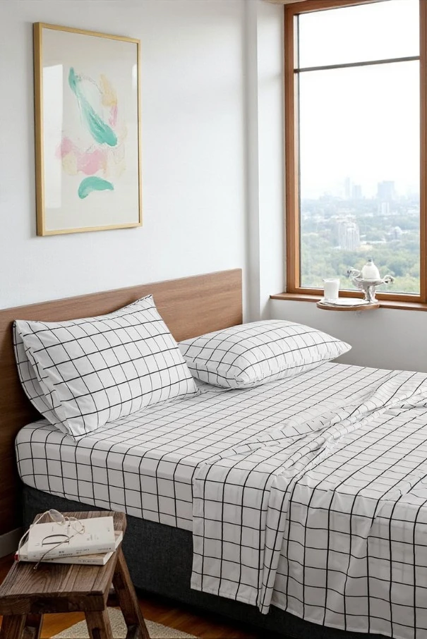 VESSİNOHOME Nevresim Takımı Çift Kişilik Pamuklu Ekose ( 160x200 Lastikli Çarşaf+ 200x220 yorgan Kılıfı+2 Yastık Kılıfı)