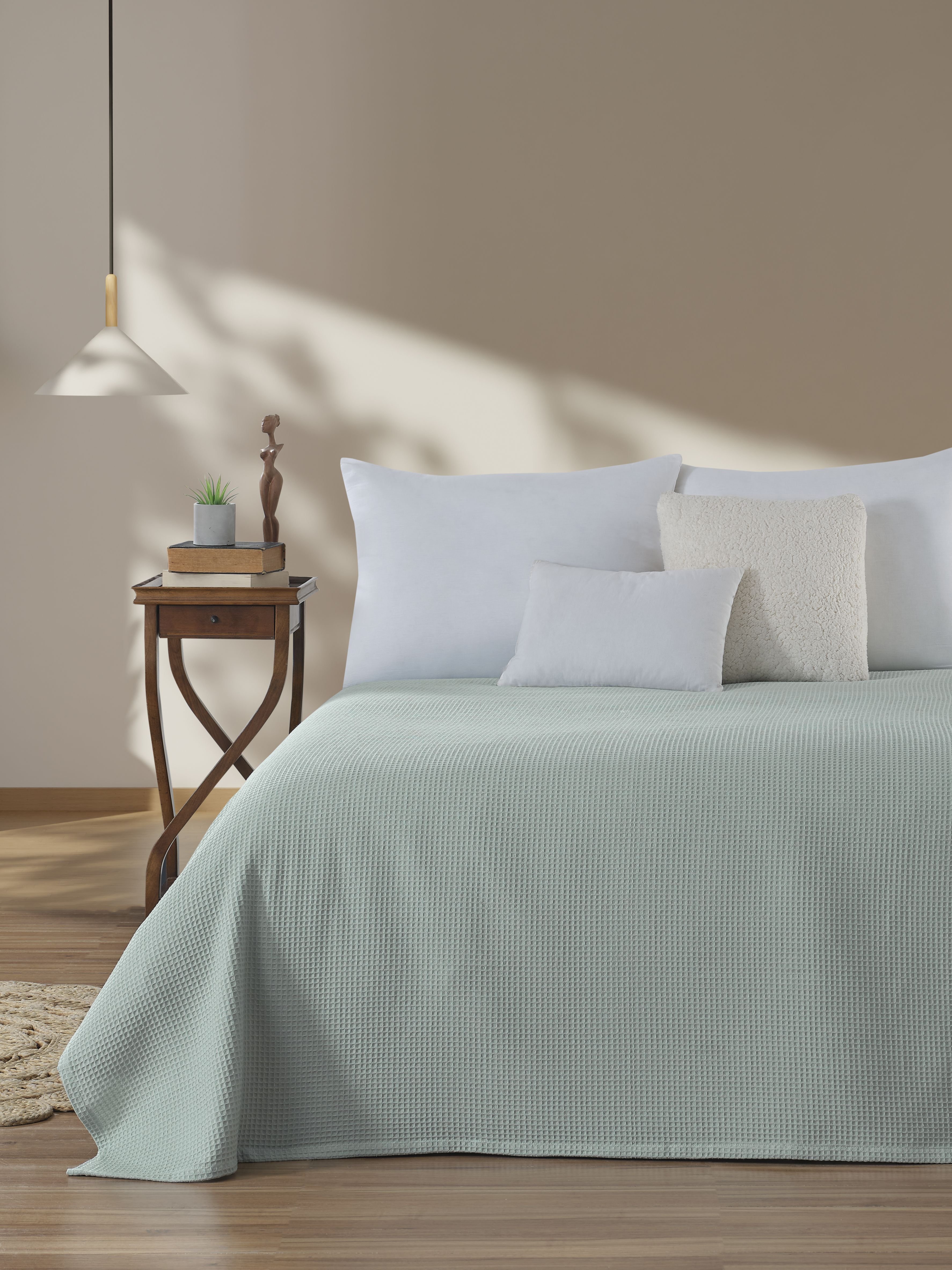 %100 Pamuk Waffle Desen Yatak Örtüsü – Lüks Otel Tipi, Yumuşak ve Nefes Alır - MİNT YEŞİLİ