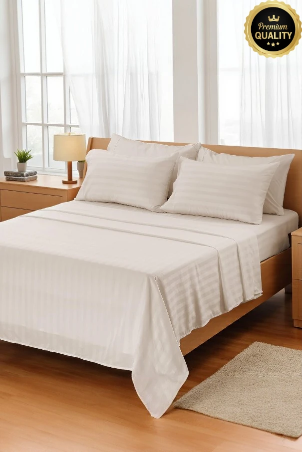 VESSİNO %100 Pamuk Çizgili Saten Nevresim Takımı – Çift Kişilik, Yumuşak ve Dayanıklı, 82 Tel Sık Dokuma - Bej