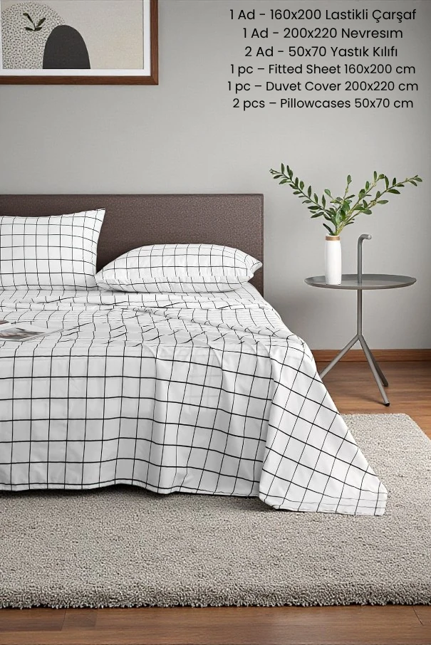 VESSİNOHOME Nevresim Takımı Çift Kişilik Pamuklu Ekose ( 160x200 Lastikli Çarşaf+ 200x220 yorgan Kılıfı+2 Yastık Kılıfı)