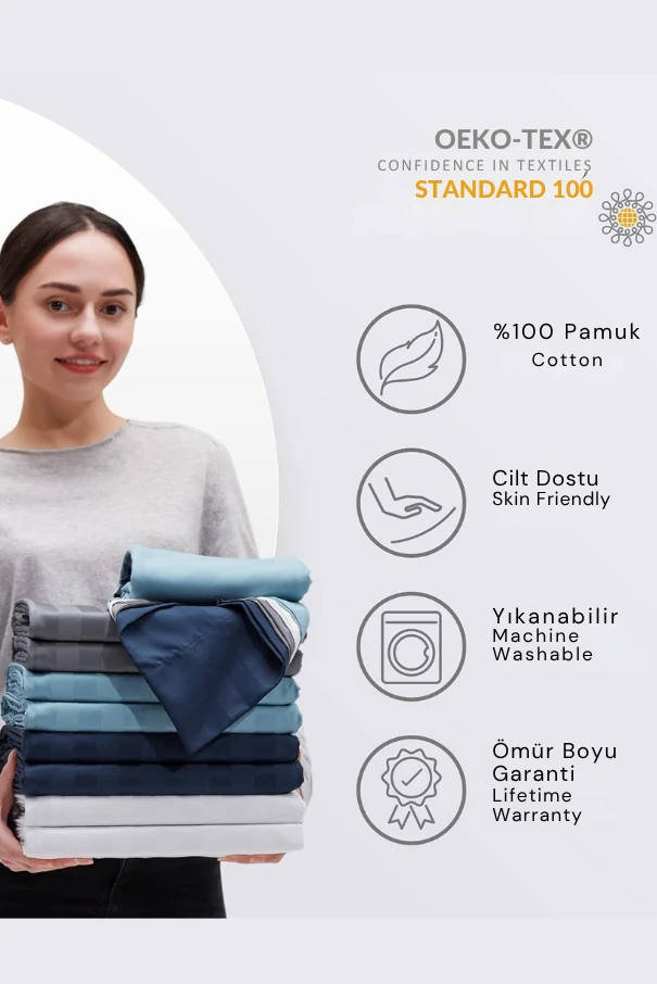 VESSİNO %100 Pamuk Çizgili Saten Nevresim Takımı – Çift Kişilik, Yumuşak ve Dayanıklı, 82 Tel Sık Dokuma