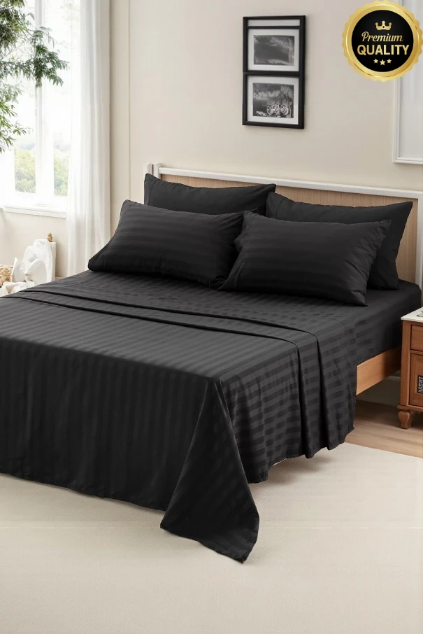 VESSİNO %100 Pamuk Çizgili Saten Nevresim Takımı – Çift Kişilik, Yumuşak ve Dayanıklı, 82 Tel Sık Dokuma - Siyah