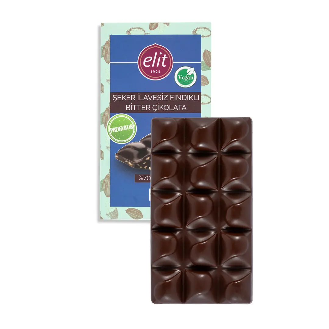 Fındıklı, Şeker İlavesiz, Vegan ve Prebiyotik Bitter Çikolata 60g Glutensiz