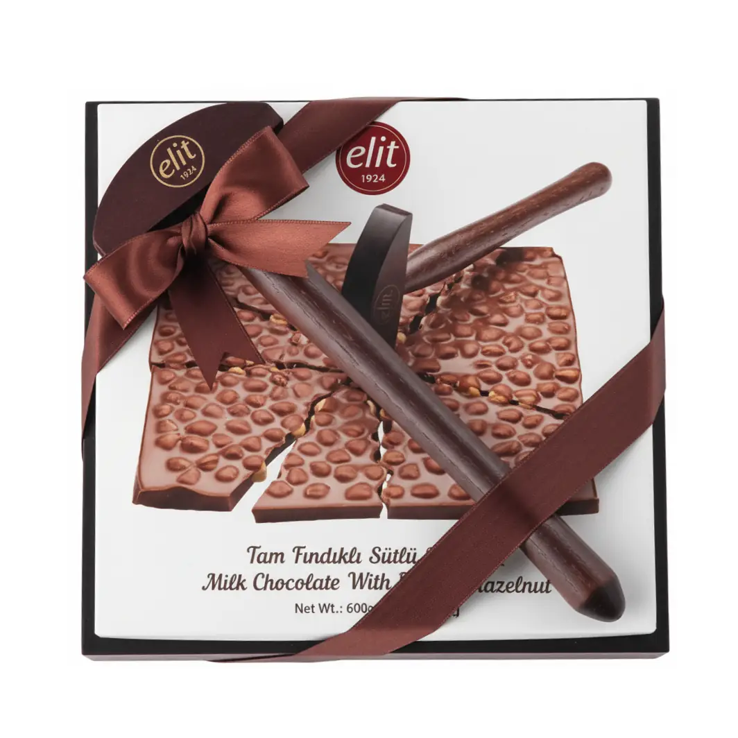 Tam Fındıklı Sütlü Tablet Beyoğlu Çikolatası Çekiçli Ahşap Kutu 600g Glutensiz
