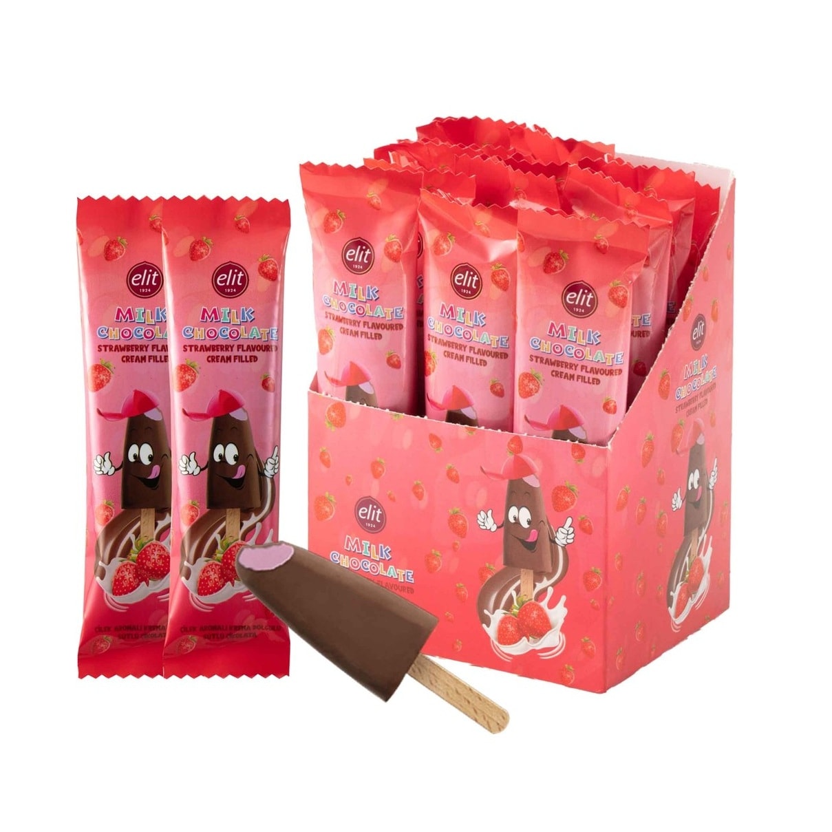 Dondurma Çubuğunda Çilek Krema Dolgulu Sütlü Çikolata Display Kutu 15x30g Glutensiz