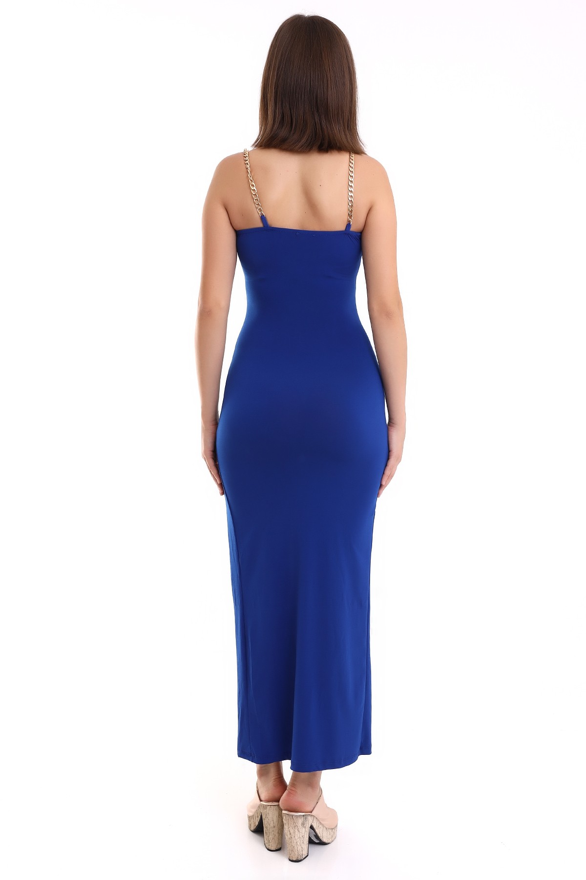 Saks Mavi Askılı Dekolteli Zincirli Balık Model Elbise Mezuniyet Elbisesi KLS0015