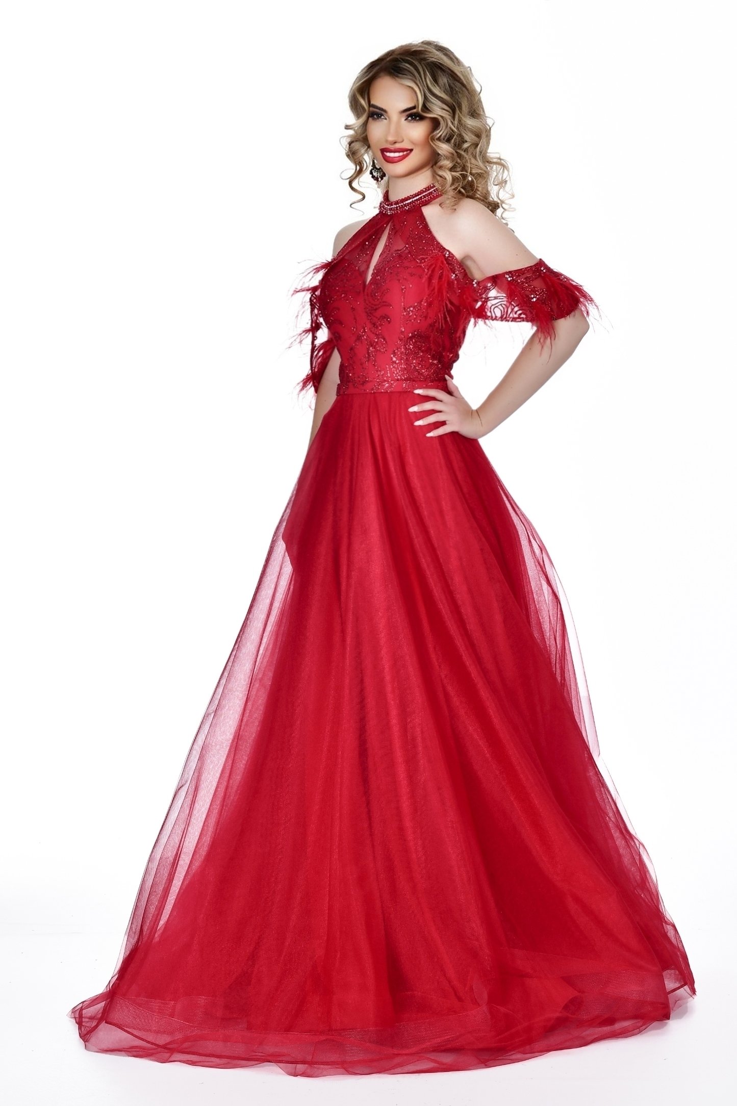 Kırmızı Halter Yaka Omuz Dekolteli Otrişli Simli Prenses Model Abiye KLS4189