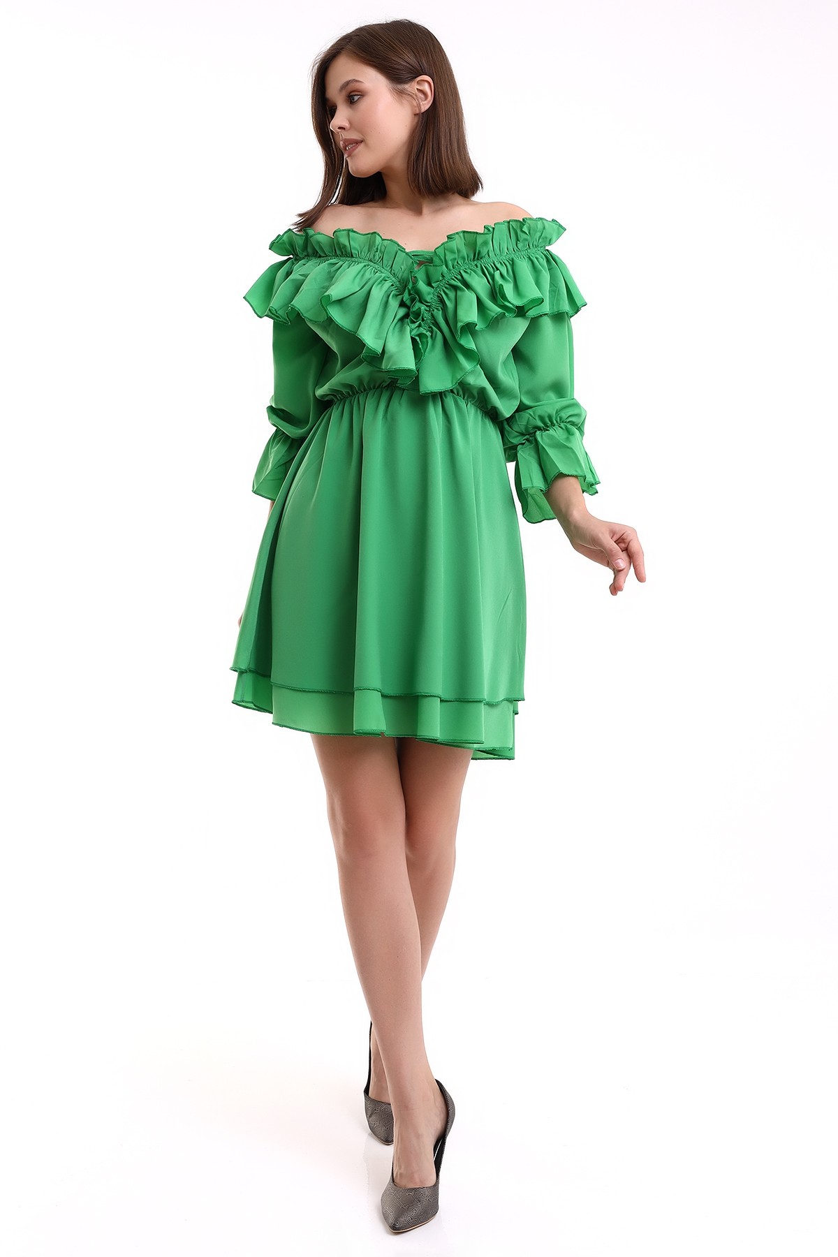 Yeşil Kayık Yaka Uzun Kol Fırfırlı Kısa Elbise Mezuniyet Elbisesi KLS0017
