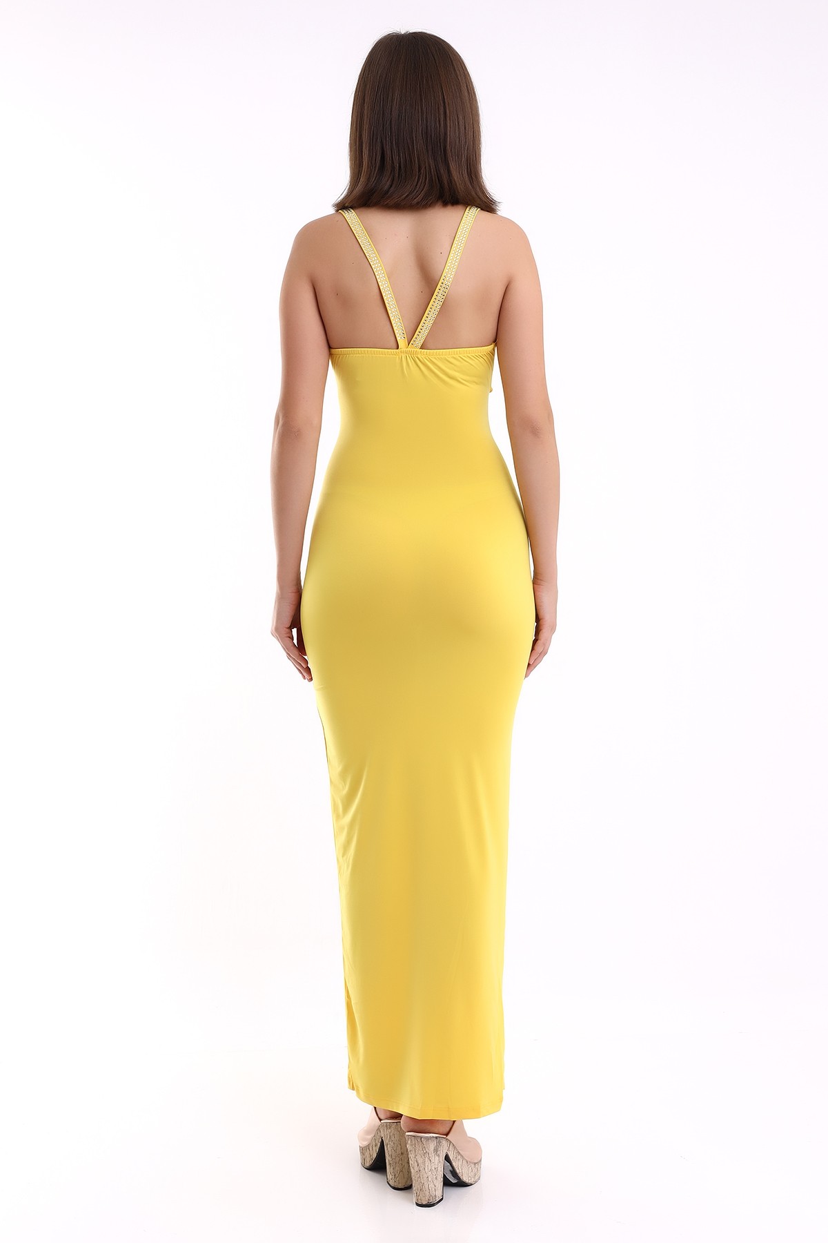 Sarı Askılı Kruvaze Yaka Dekolteli Balık Model Elbise Mezuniyet Elbisesi KLS0014