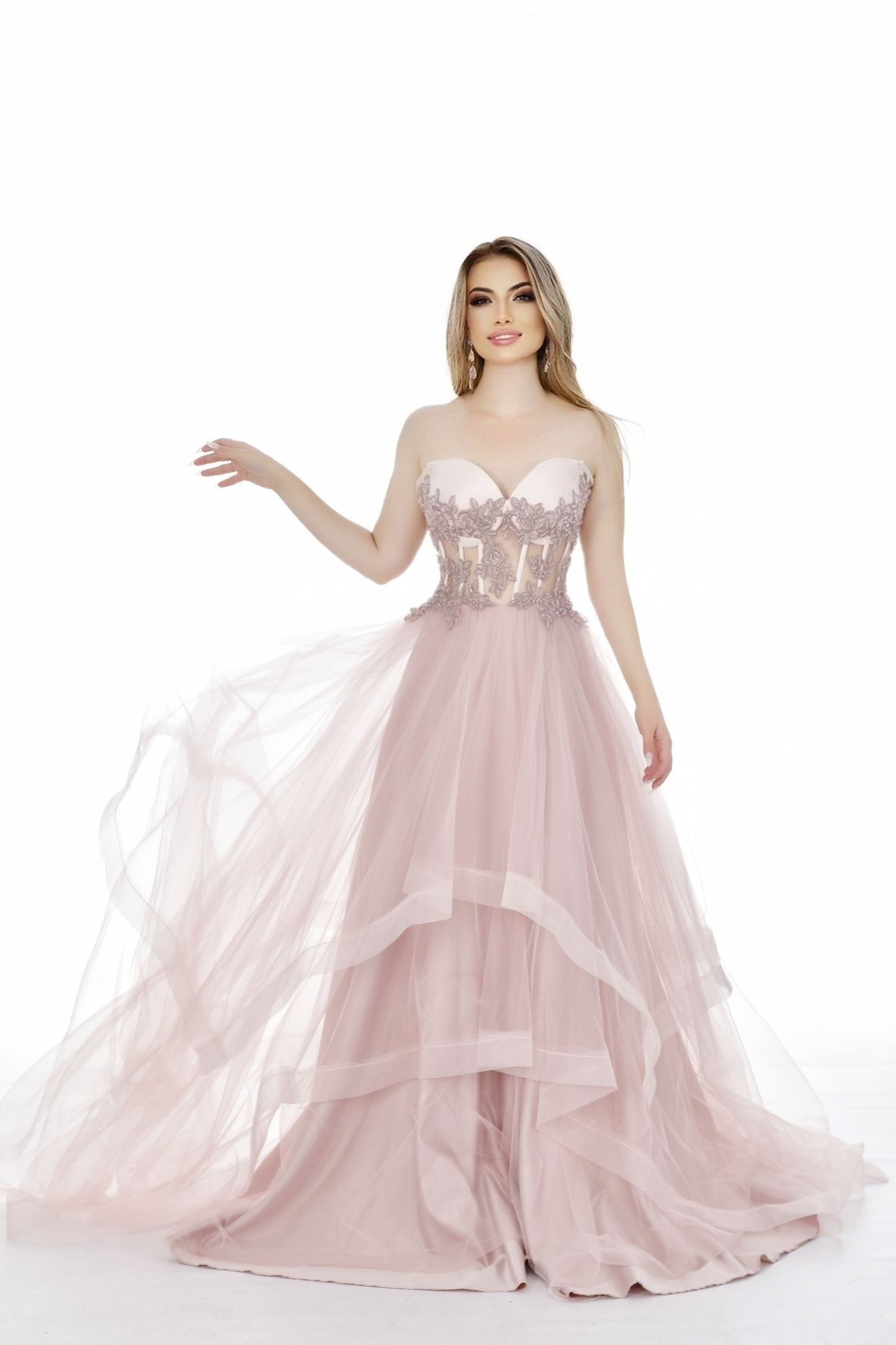 Pudra Straplez Balenli Taşlı Etekleri Katlı Prenses Model Abiye KLS2182