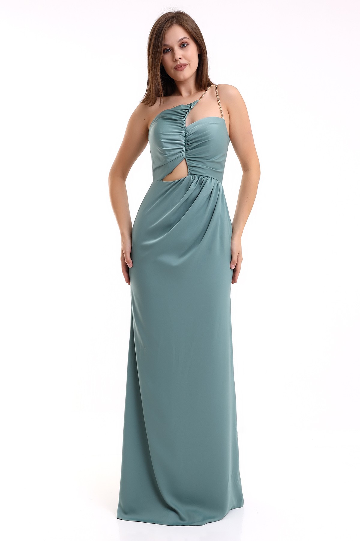 Mint Tek Omuz Dekolteli Zincirli Yırtmaçlı Balık Model Abiye Elbise Mezuniyet Elbisesi KLS2229