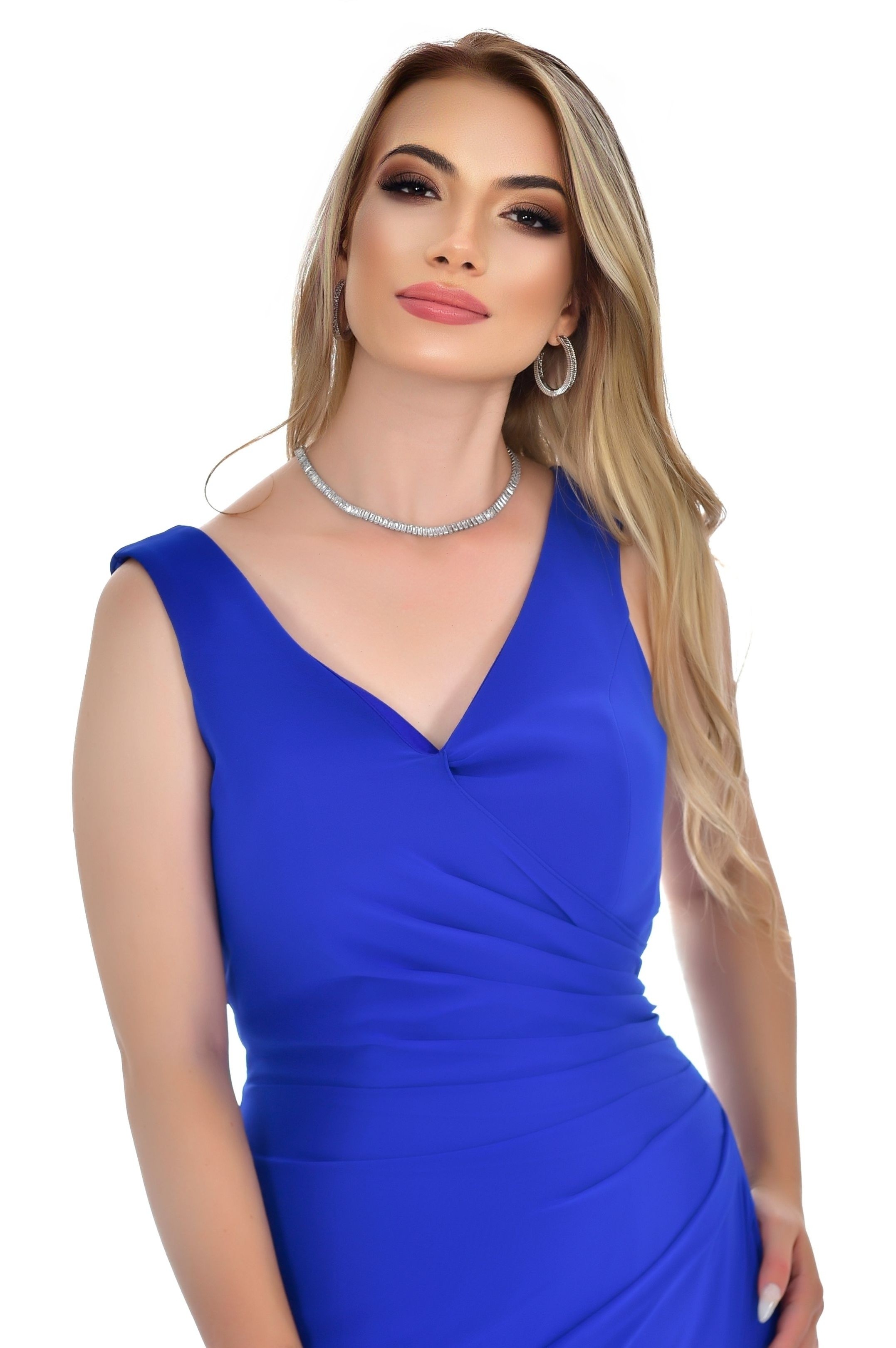 Saks Mavi Kruvaze Yaka Yırtmaçlı Uzun Şifon Abiye KLS4011