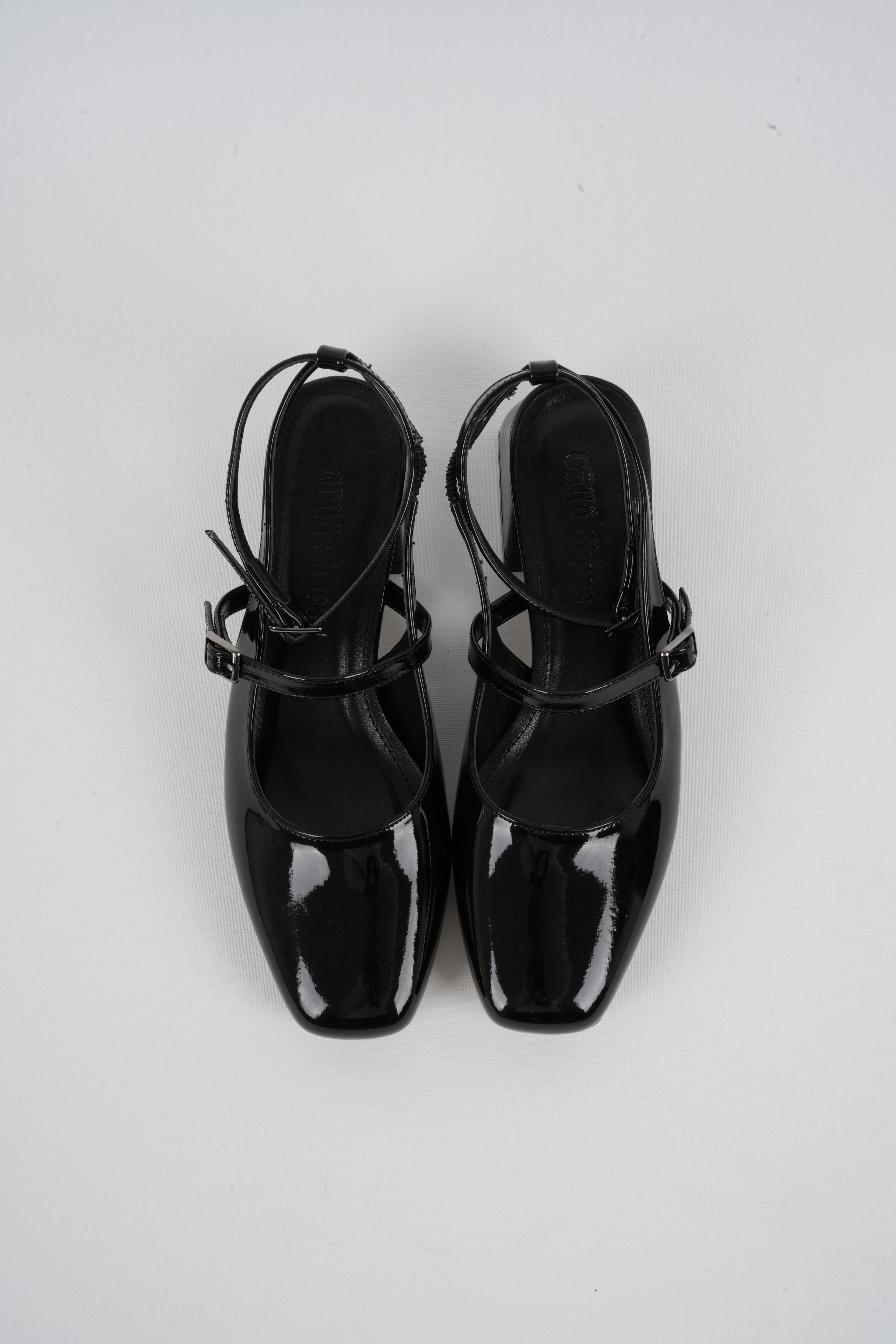Kadın Topuklu Ayakkabı Mary Jane Rugan Arkası Açık Kare Burunlu Baretli Orta Topuklu