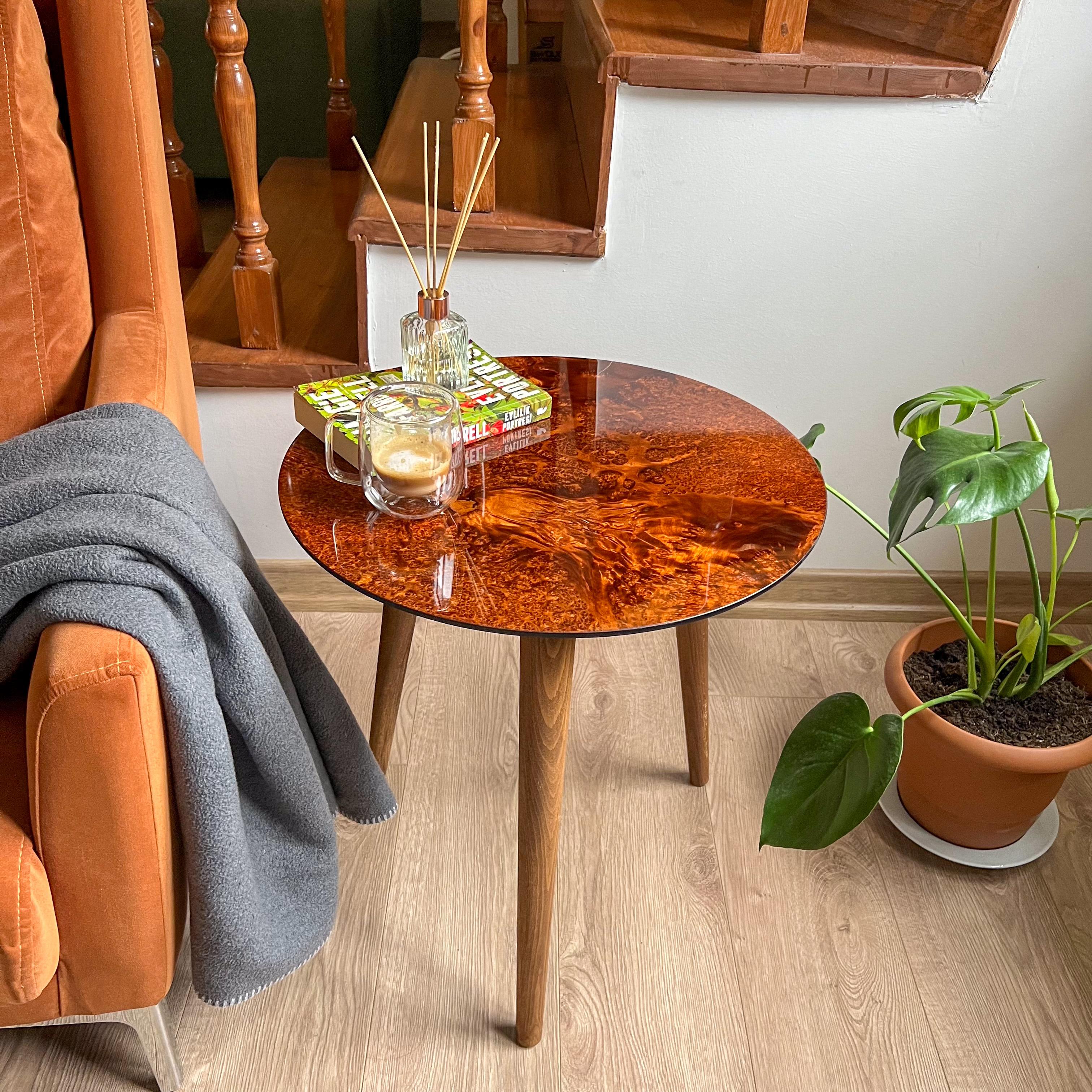 Natural wood Veneer Side Table | Glossy Finish – Walnut or Elm Options