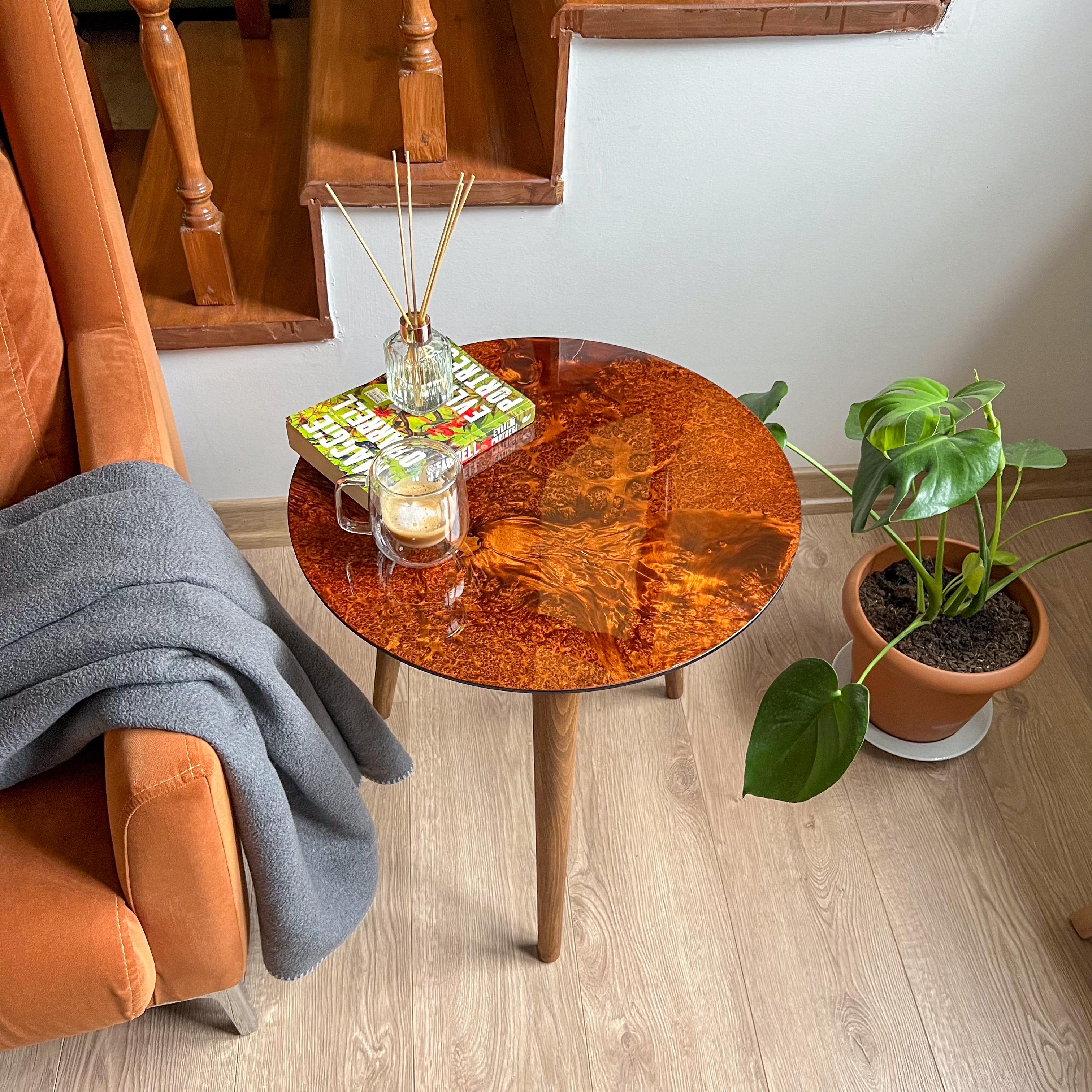 Natural wood Veneer Side Table | Glossy Finish – Walnut or Elm Options