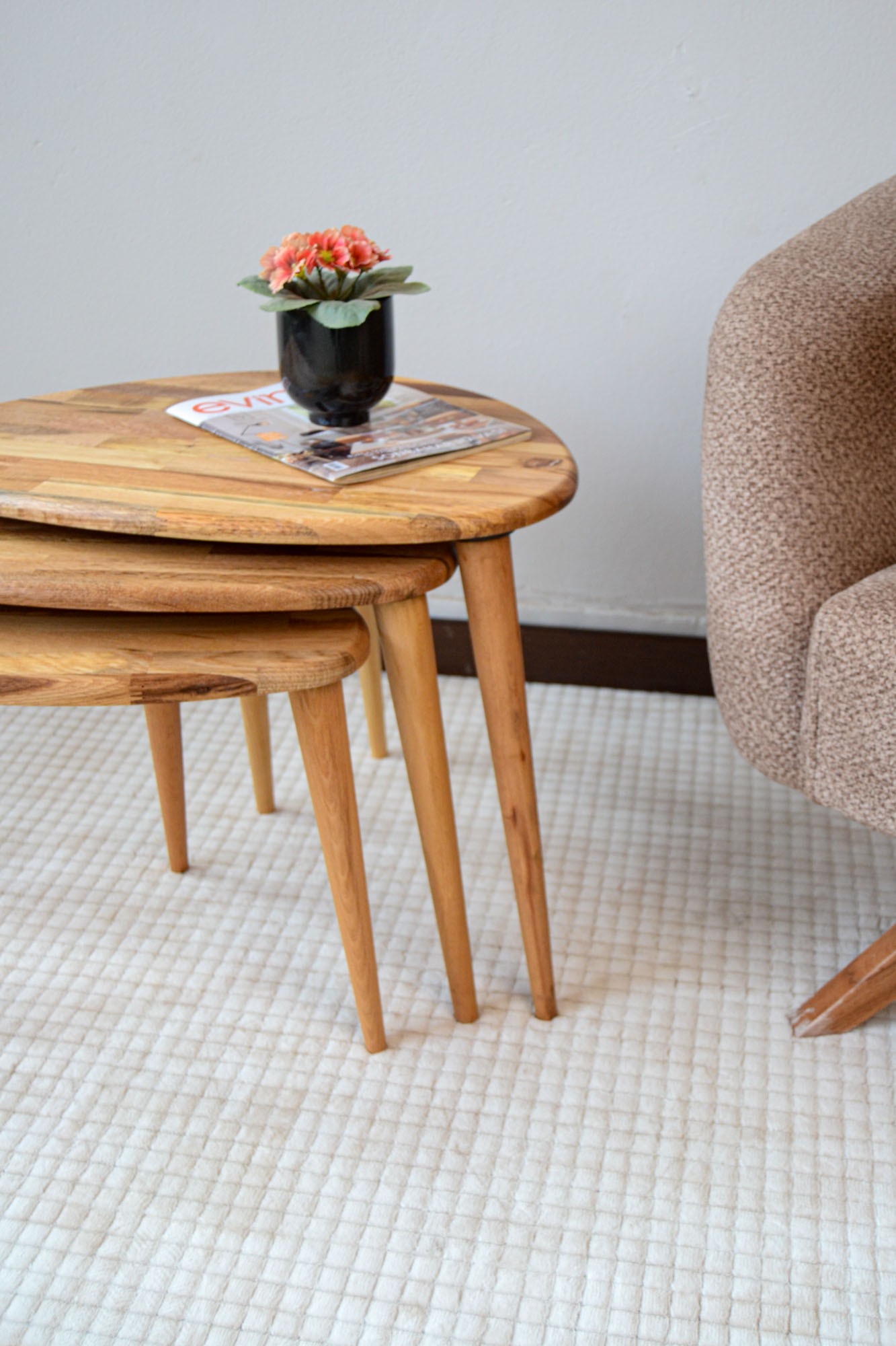 Masif Meşe Ahşap Zigon Sehpa 3'lü Set – Ercol Tarzı, Modern & Fonksiyonel