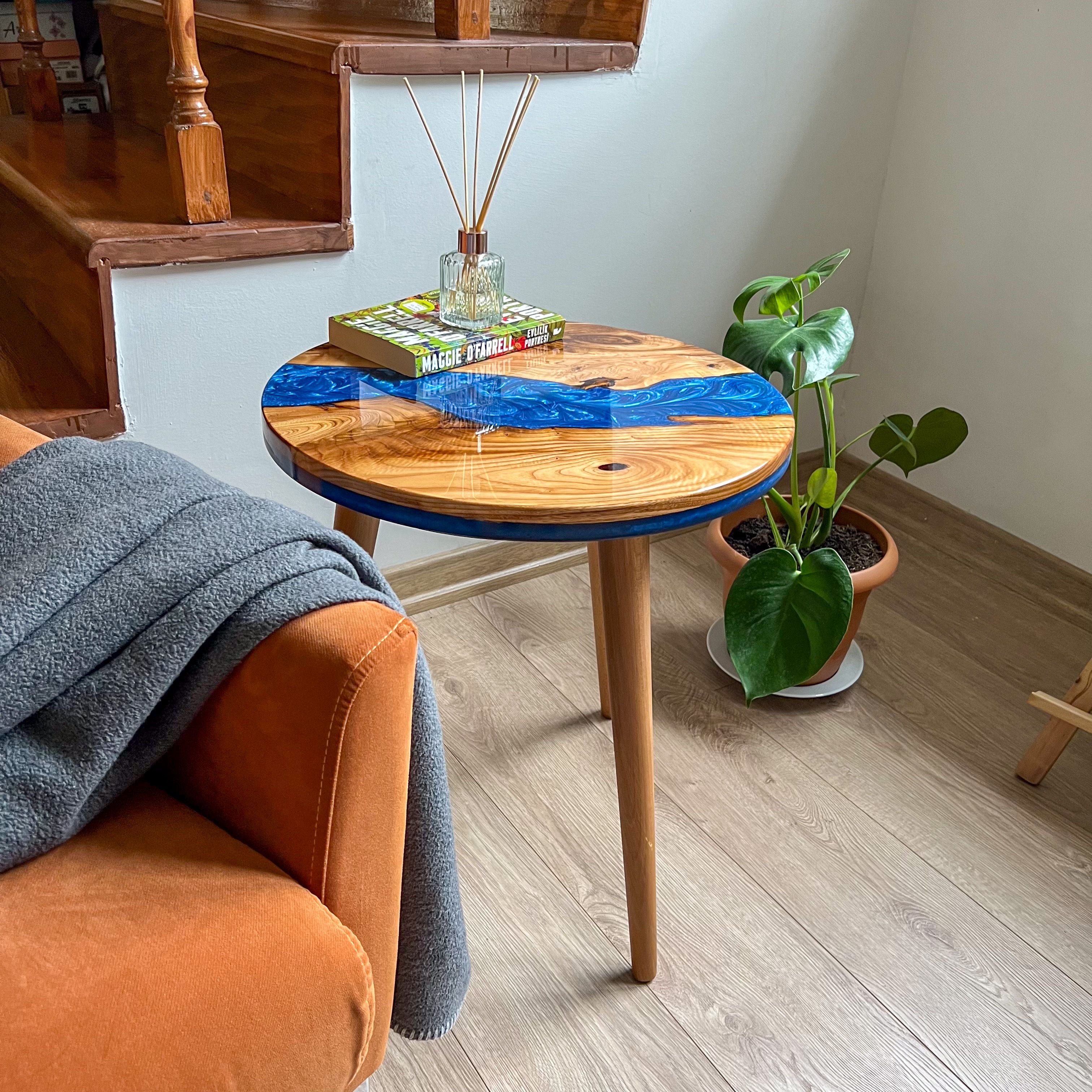 Handmade Chestnut Wood and Blue Epoxy Round Side Table | Gloss Finish