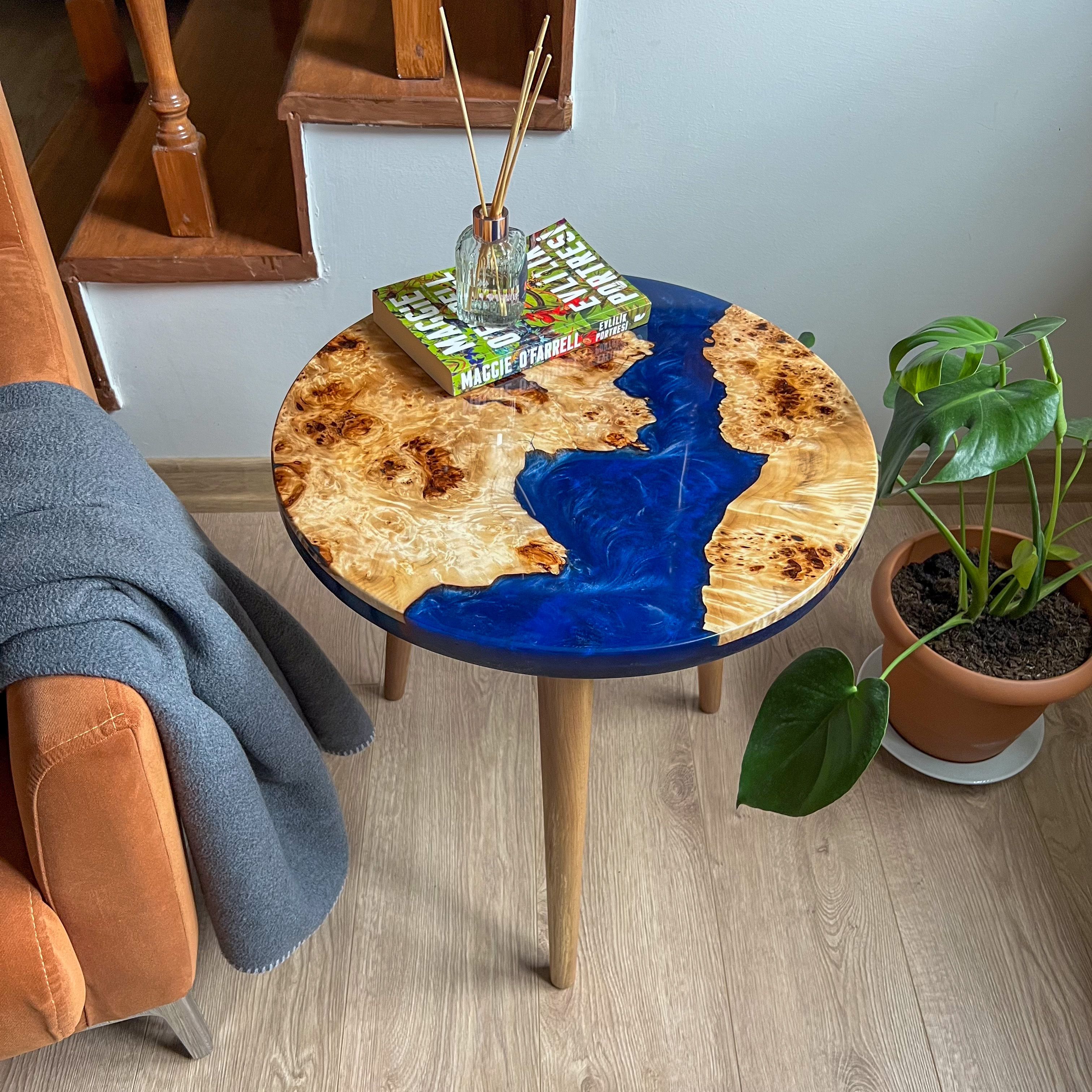 Round Side Table with Dark Blue Epoxy & Maple Wood | High-Gloss Finish