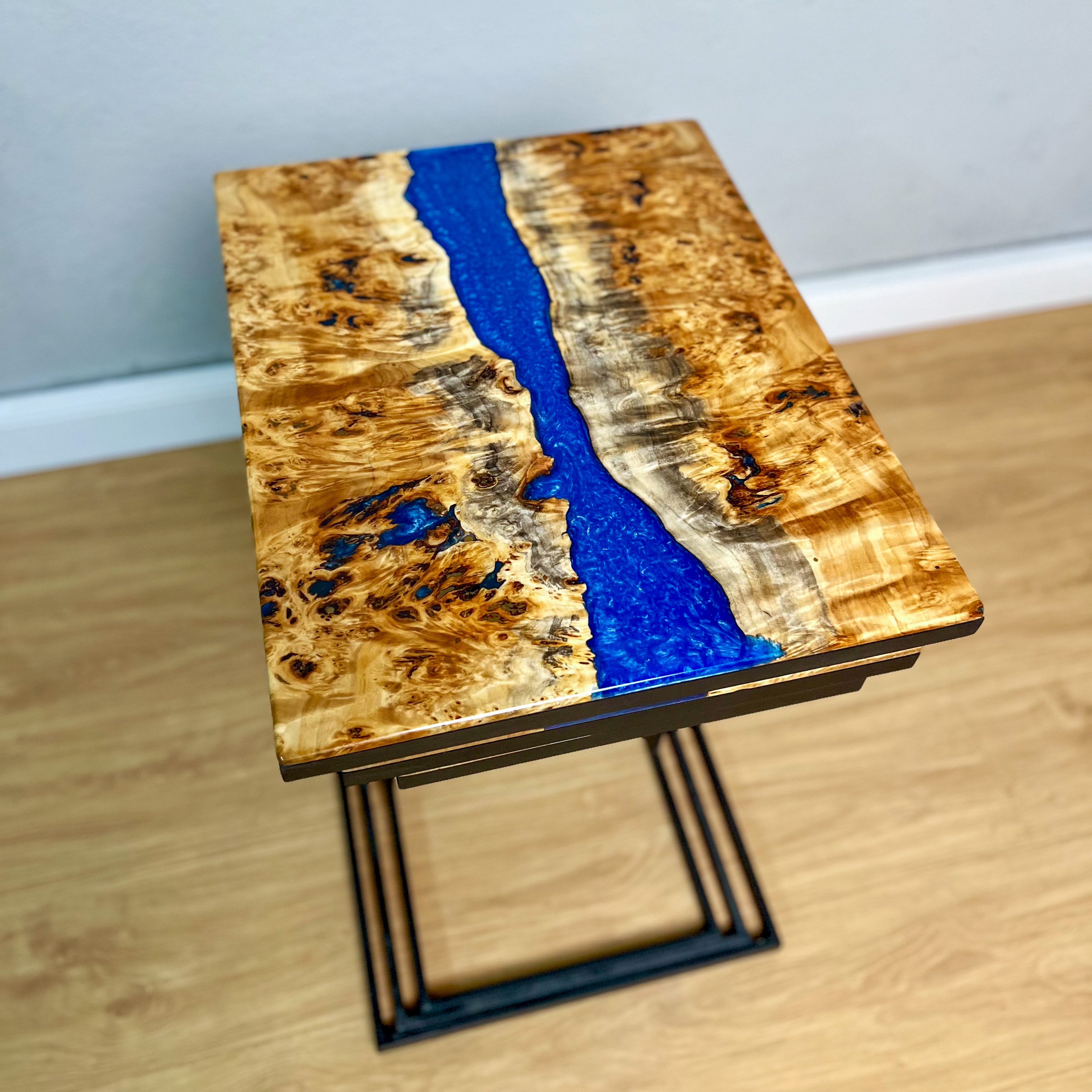 C Shaped Side Table with Blue River Epoxy in Maple Burl Wood