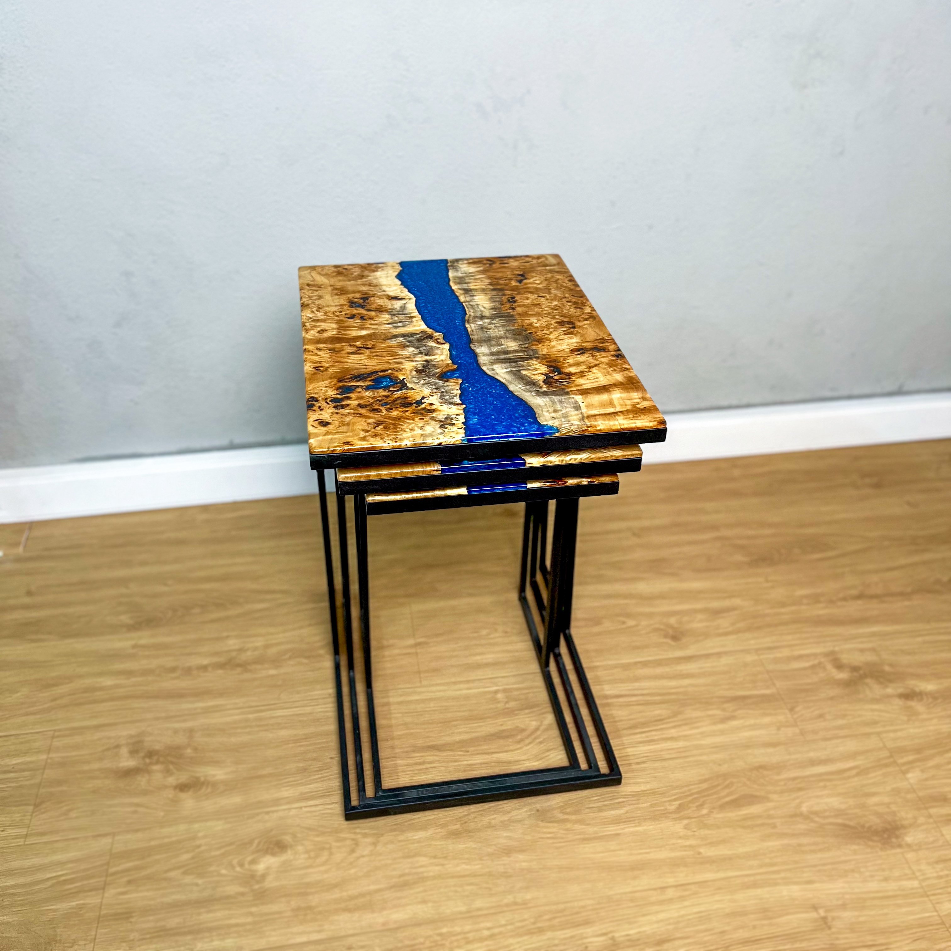 C Shaped Side Table with Blue River Epoxy in Maple Burl Wood