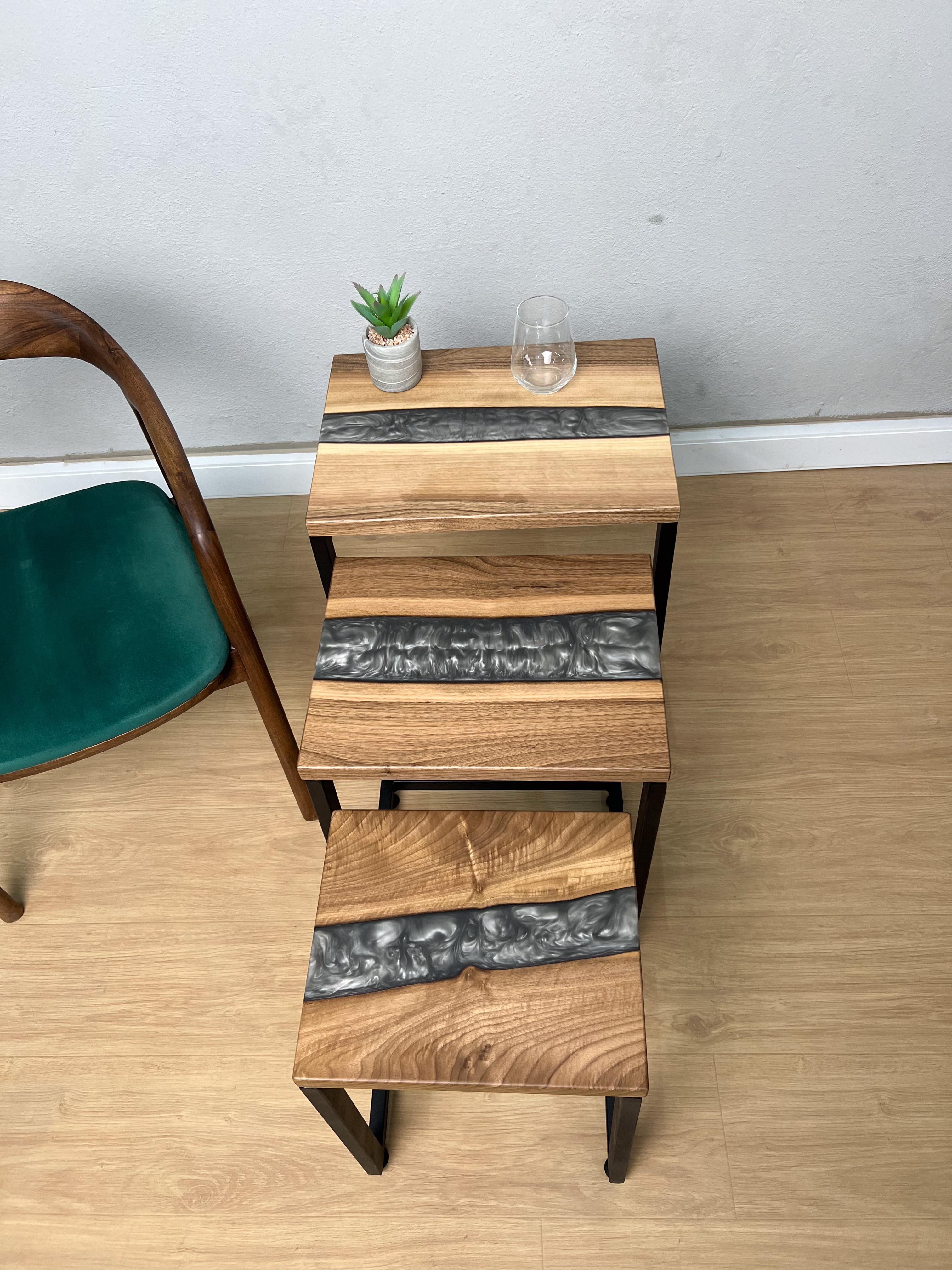 C Shaped Side Table with Blue River Epoxy in Maple Burl Wood