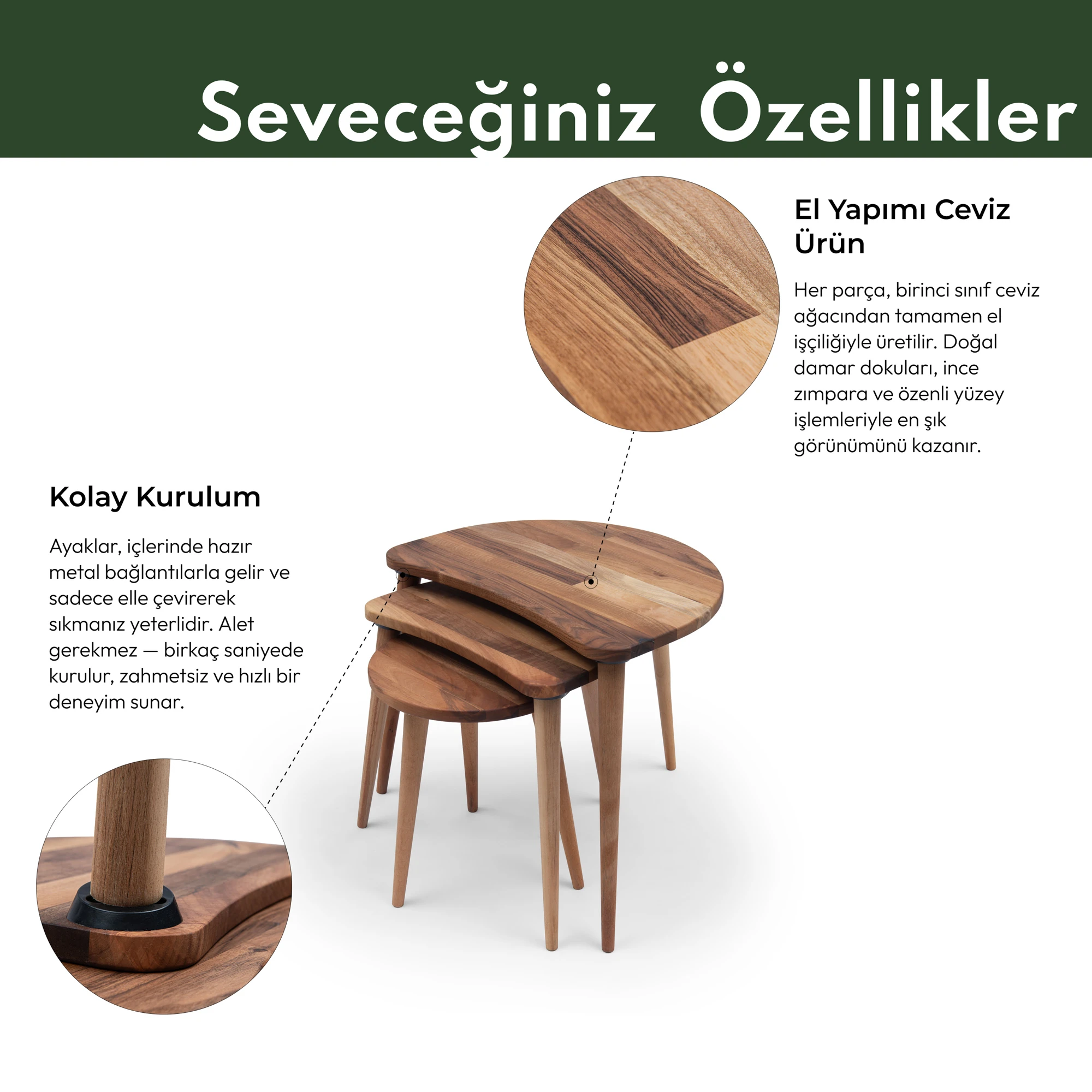 Solid Walnut Set of 3 Nesting Coffee Table with Solid Walnut Wood Tapered Legs