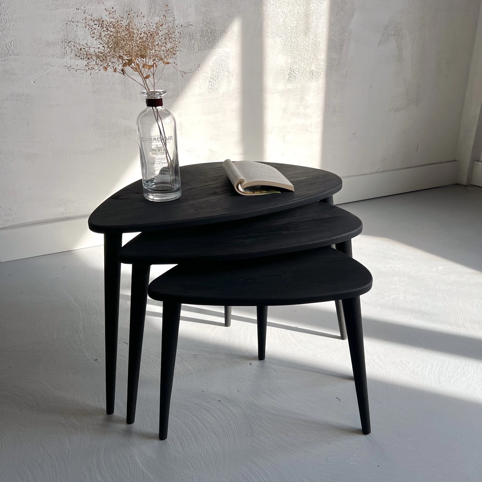 Ercol Stil Ahşap Zigon Sehpa Seti | 3’lü Retro Modern Tasarım | Masif Ağaç Yan Sehpa Takımı