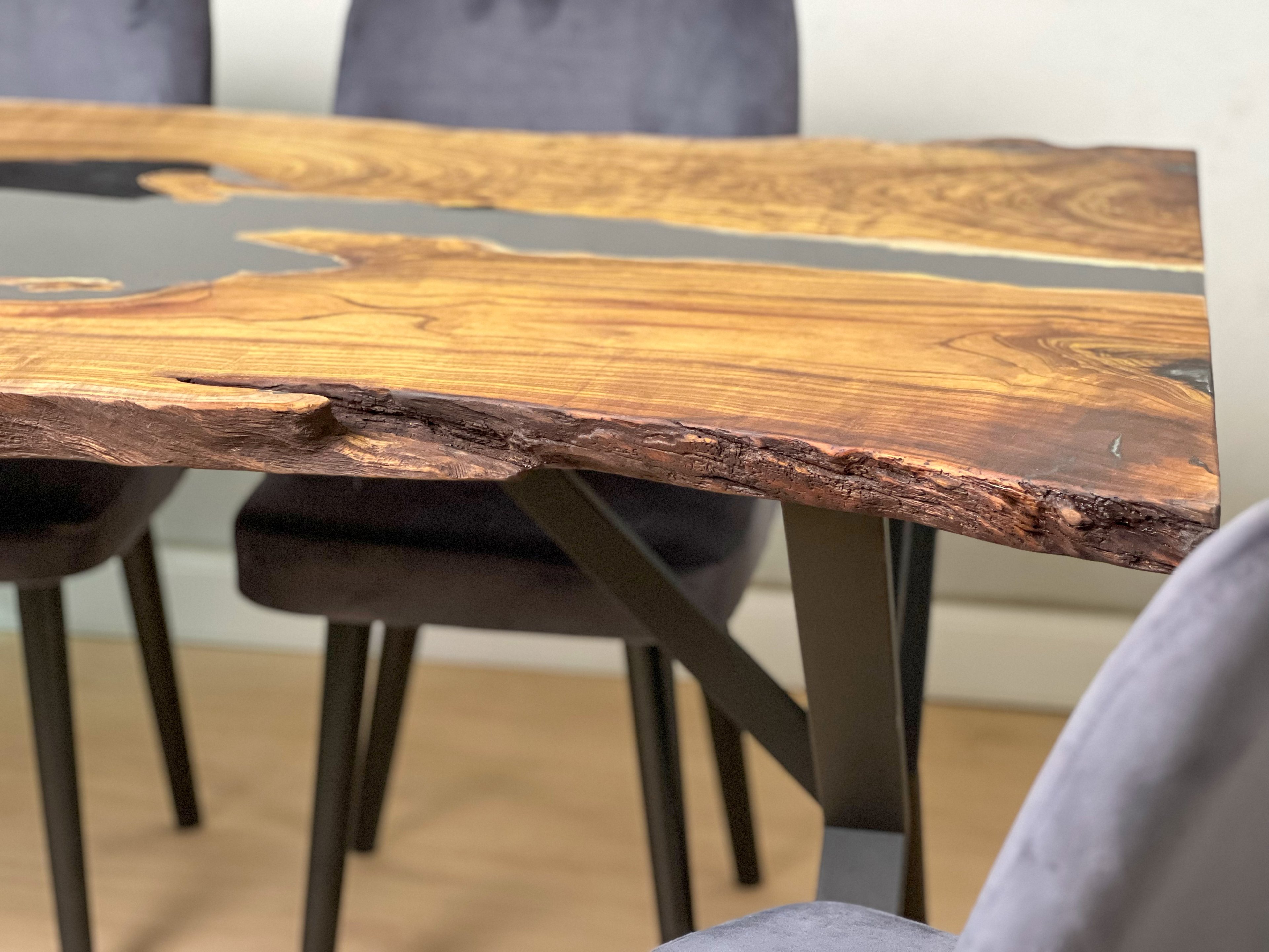 Black River Epoxy Dining Table in Live Edge Cracked Mulberry Slab, Quick Ship