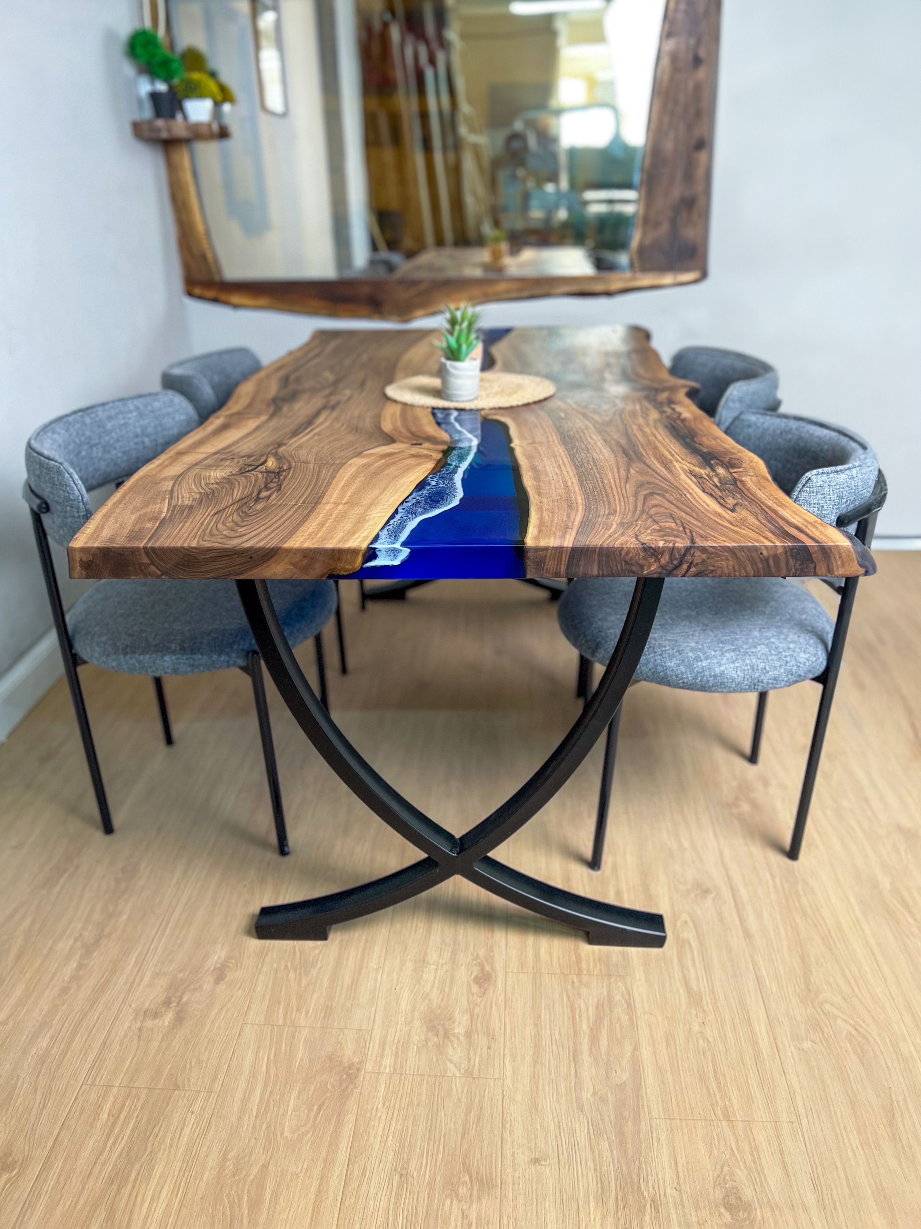 Live Edge Blue Ocean Epoxy Resin Walnut Dining Table | Kitchen Table | Office Table , Sea Table