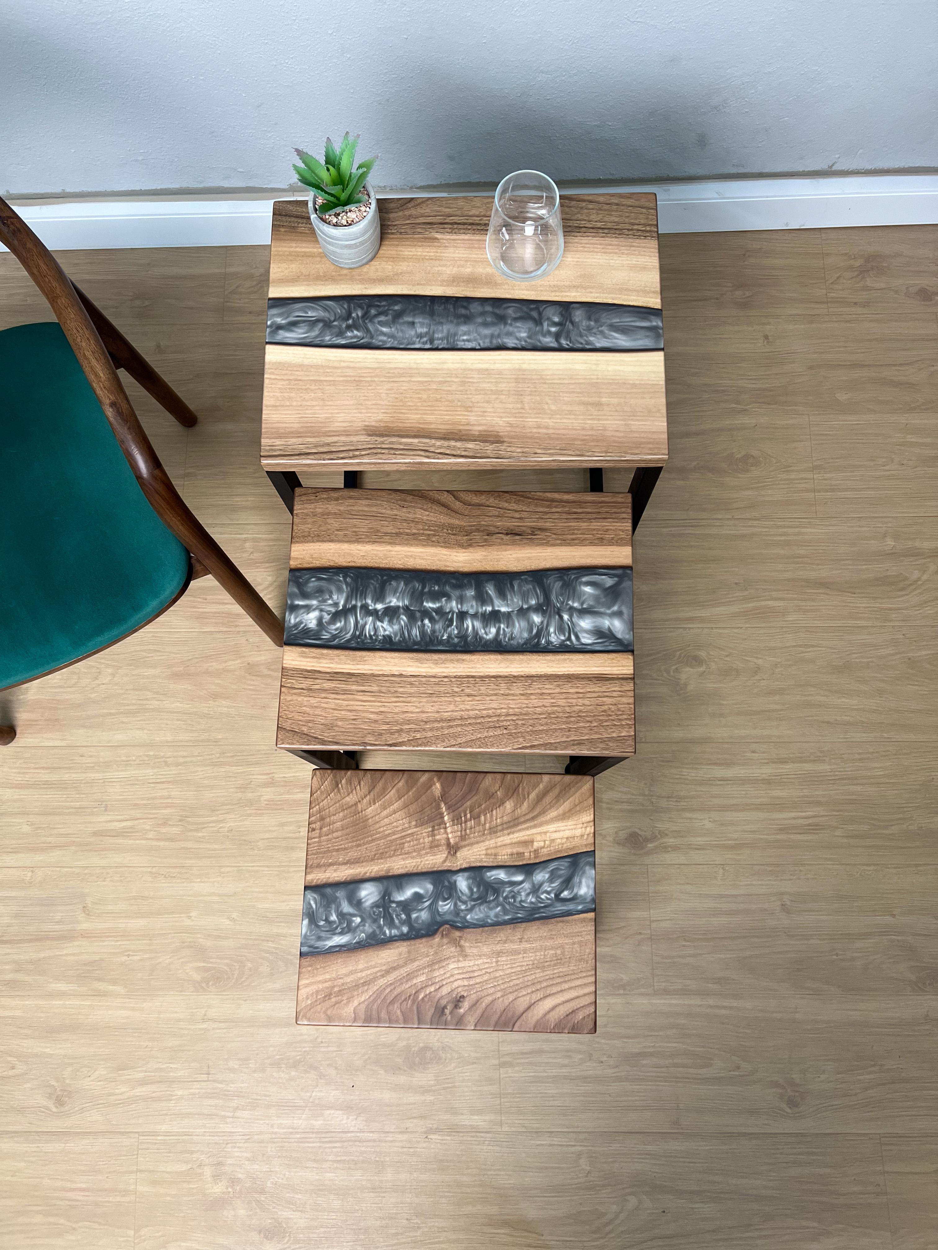 C Shaped Side Table with Blue River Epoxy in Maple Burl Wood