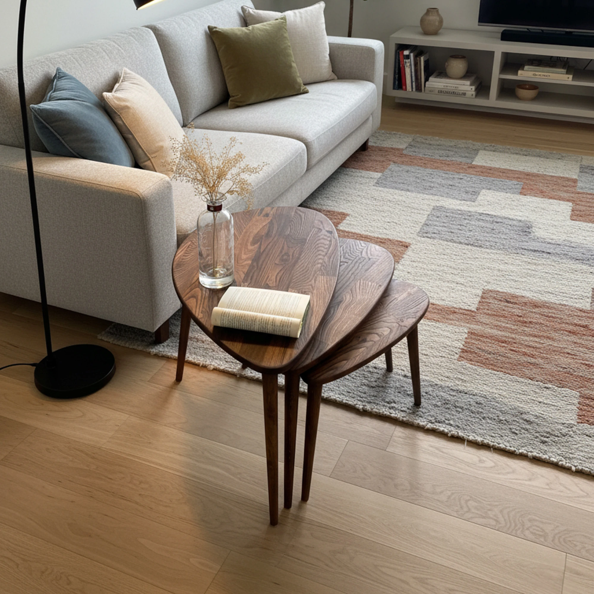 Ercol Stil Ahşap Zigon Sehpa Seti | 3’lü Retro Modern Tasarım | Masif Ağaç Yan Sehpa Takımı - Kahve