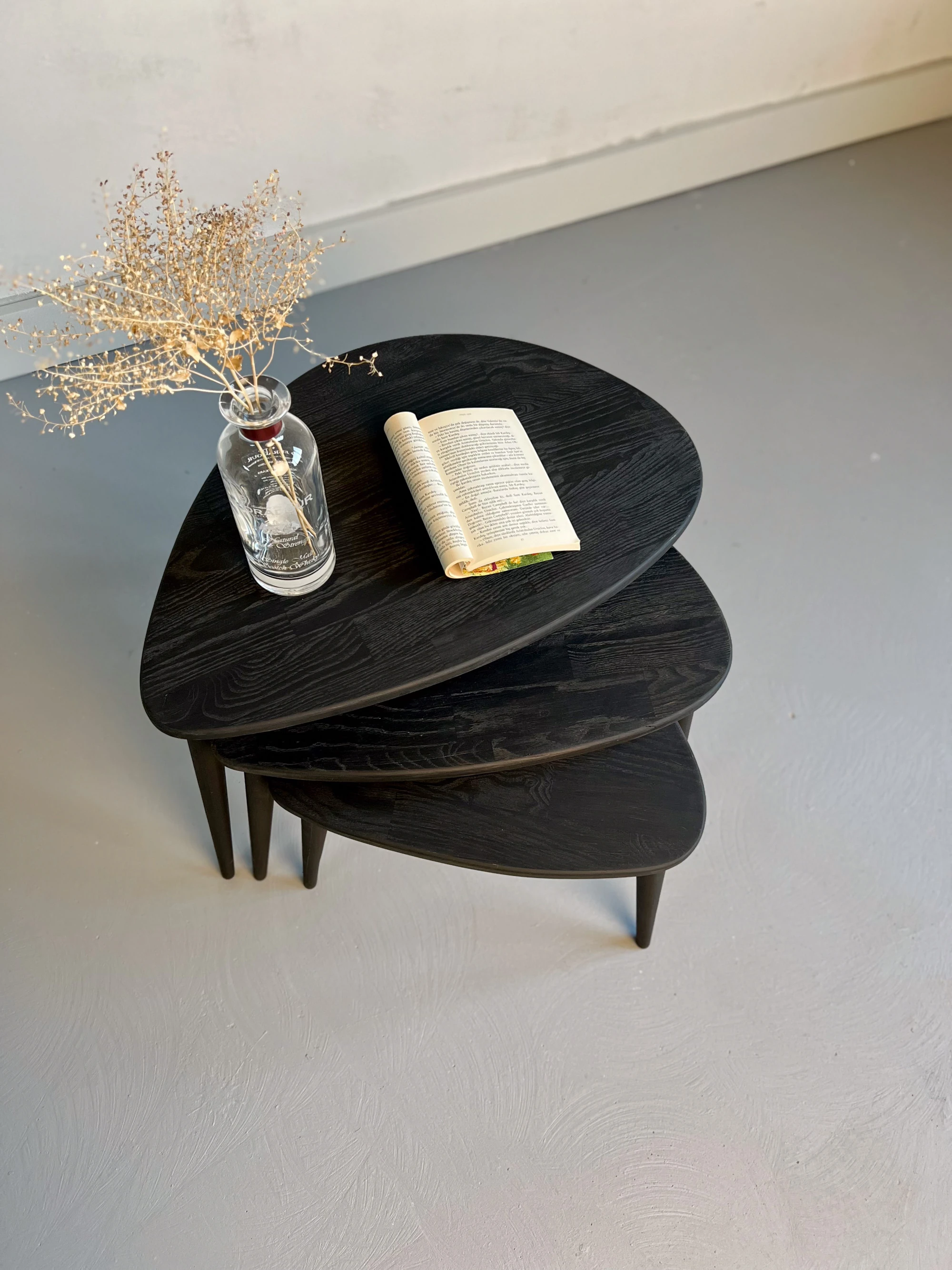 Ercol Stil Ahşap Zigon Sehpa Seti | 3’lü Retro Modern Tasarım | Masif Ağaç Yan Sehpa Takımı