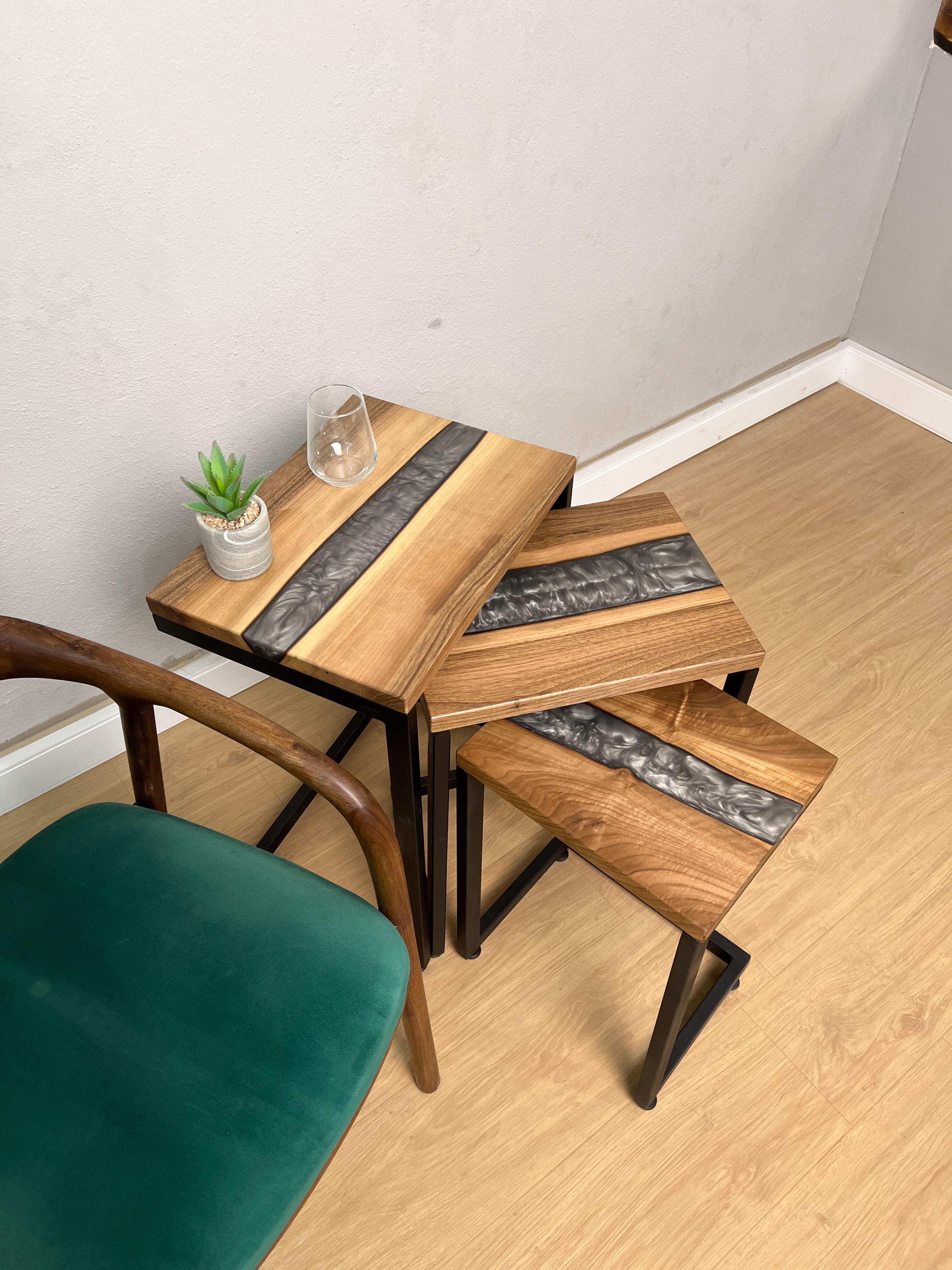 C Shaped Side Table with Blue River Epoxy in Maple Burl Wood