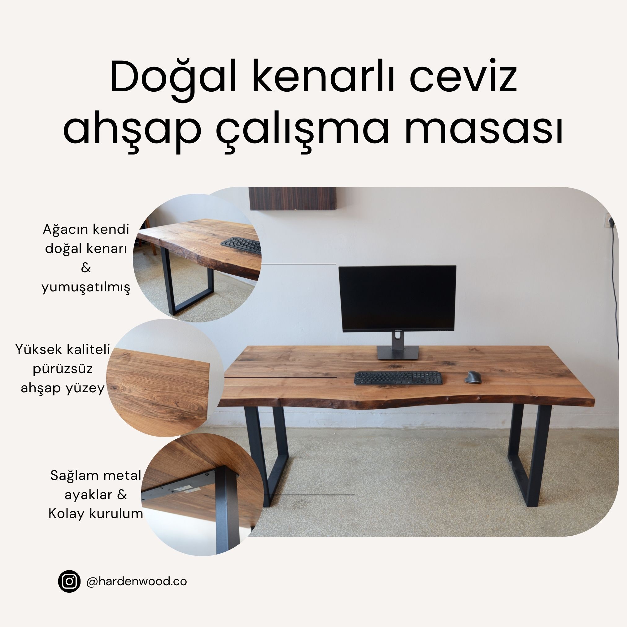 Masif Ahşap Çalışma Masası, Doğal Kenarlı Ceviz, Metal Ayaklı, Oyuncu Masası, Ofis Masası