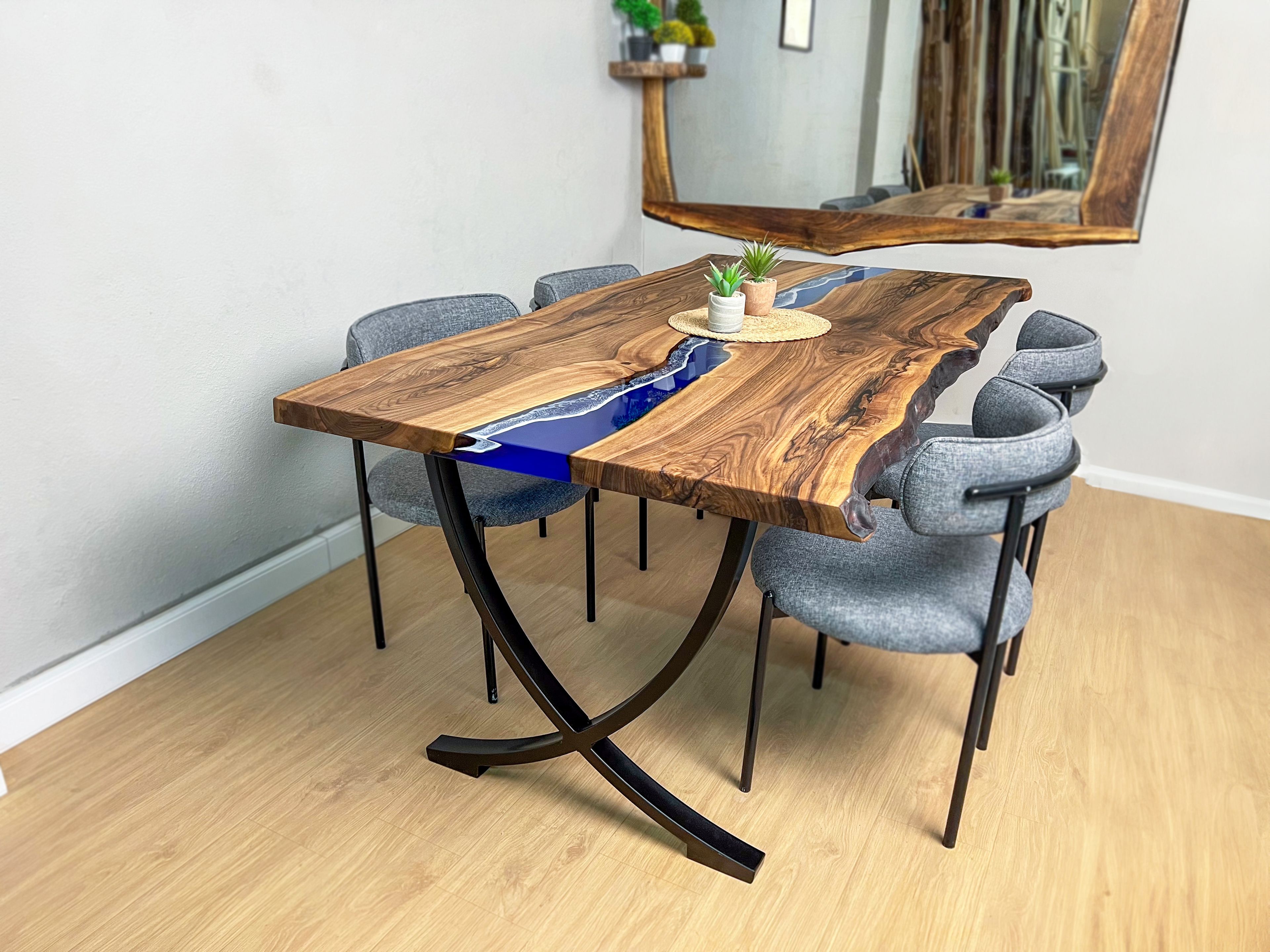 Live Edge Blue Ocean Epoxy Resin Walnut Dining Table | Kitchen Table | Office Table , Sea Table