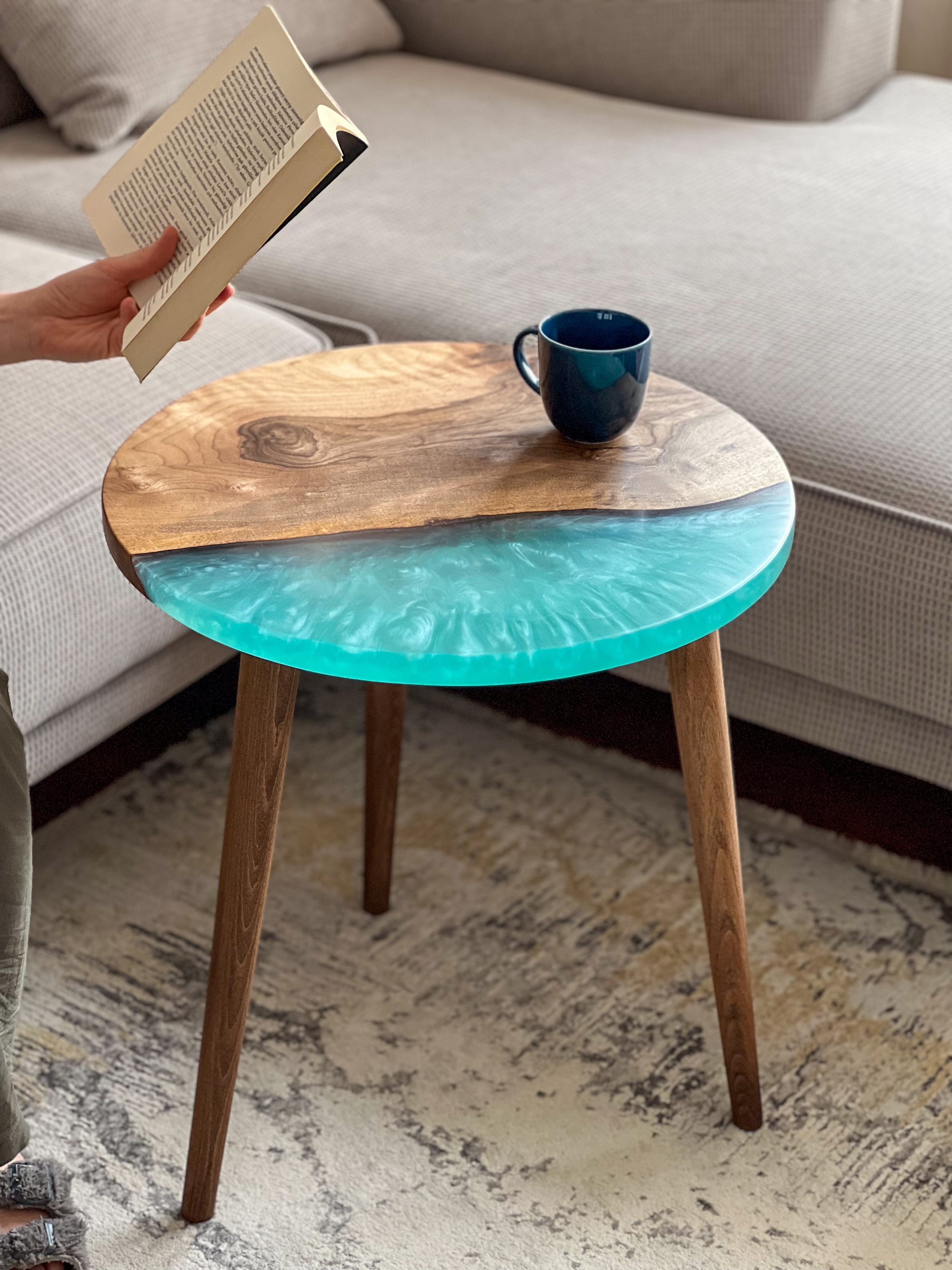 20" Round Walnut Resin Table with Blue Epoxy