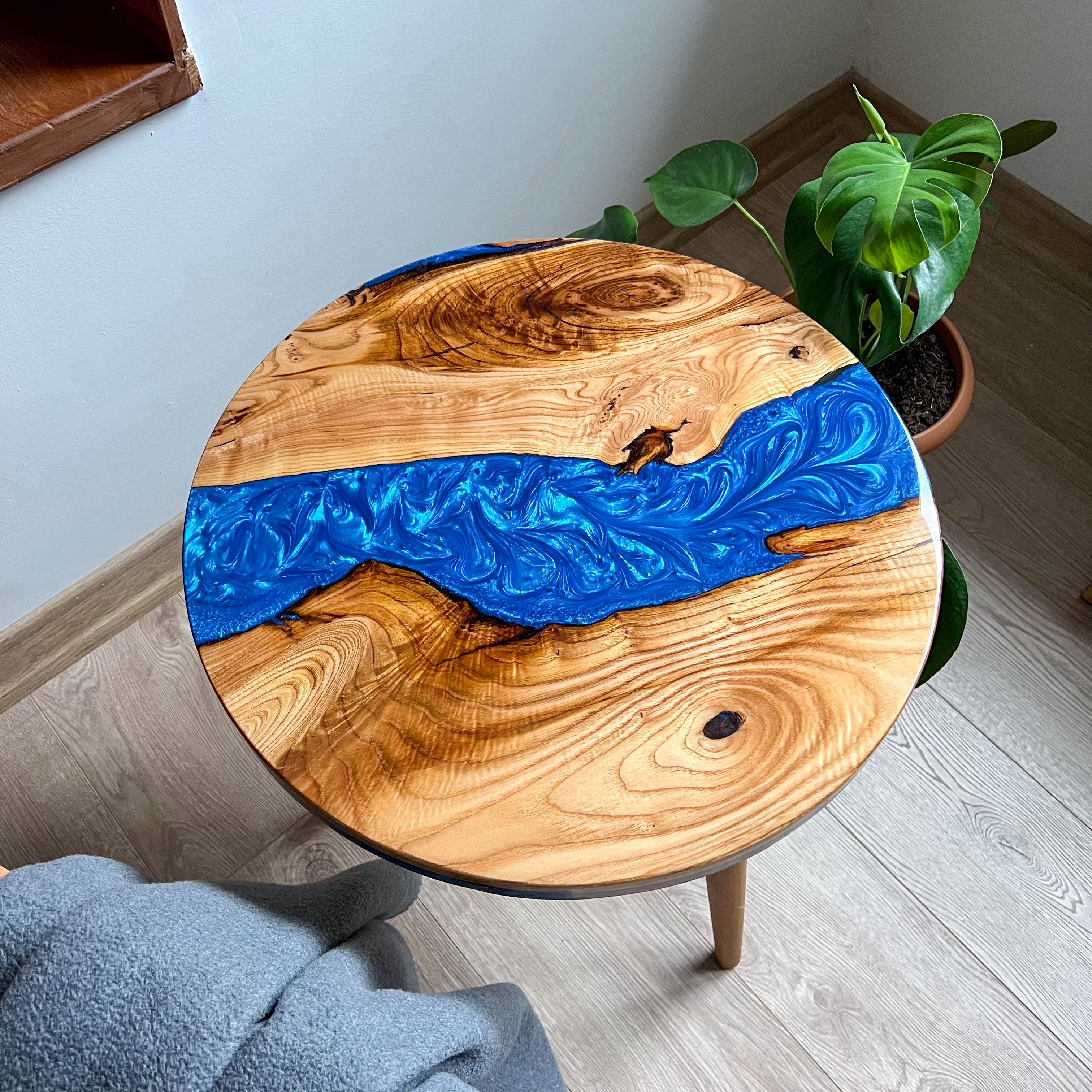 Handmade Chestnut Wood and Blue Epoxy Round Side Table | Gloss Finish