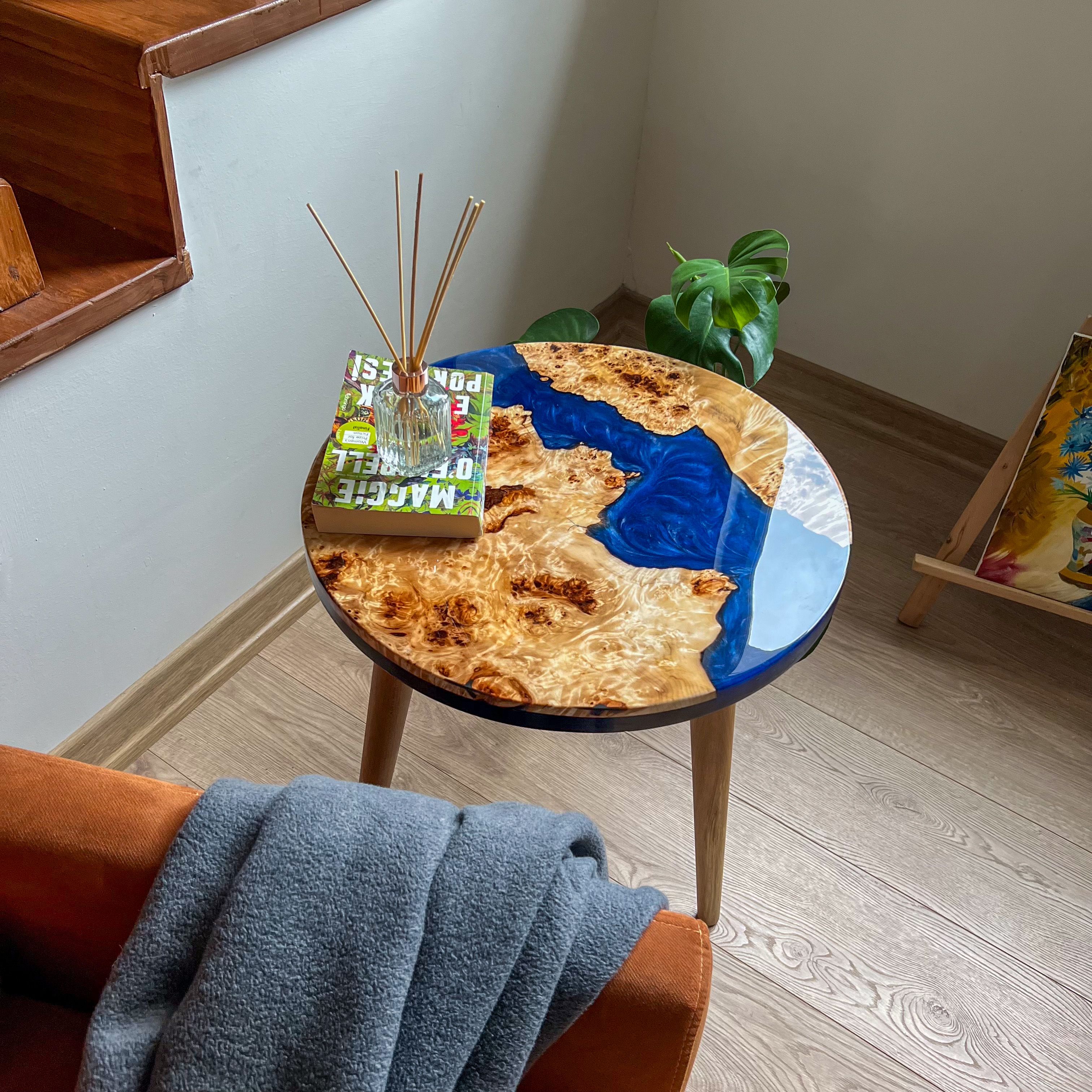 Round Side Table with Dark Blue Epoxy & Maple Wood | High-Gloss Finish