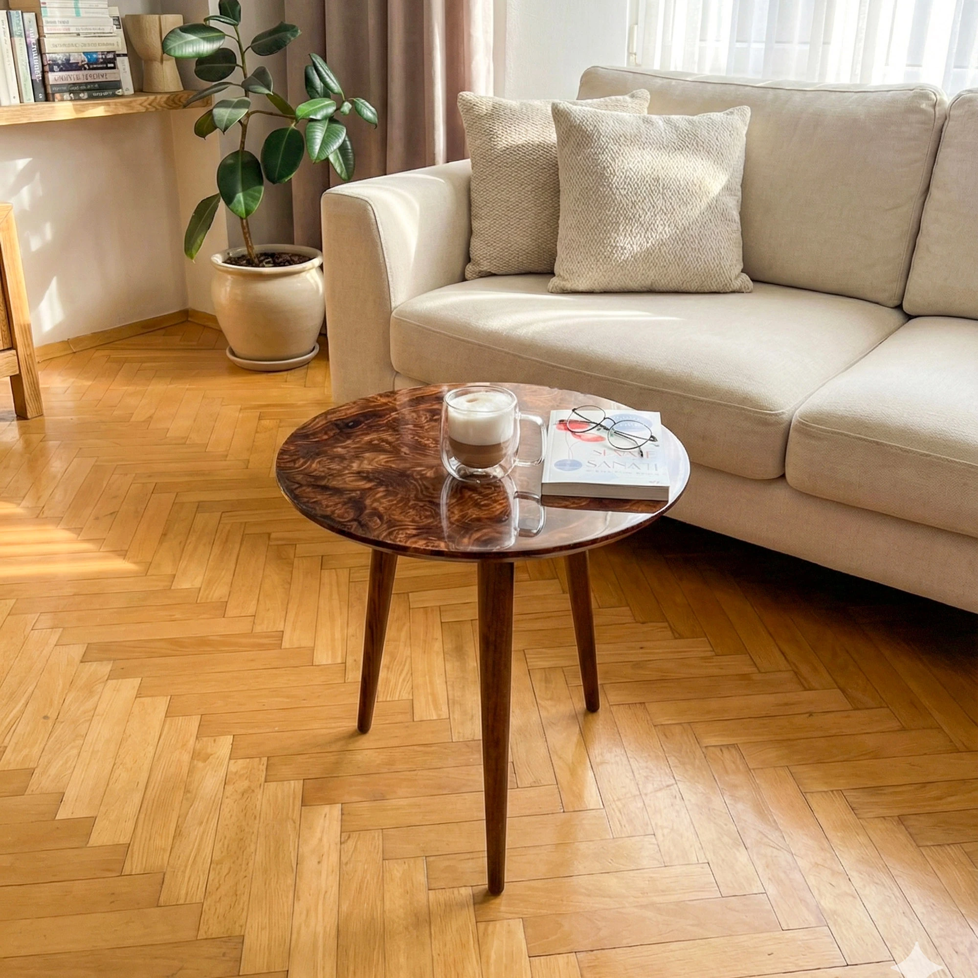 Doğal Kök Kaplama Yuvarlak Sehpa 50cm | Parlak Cilalı Yan Sehpa