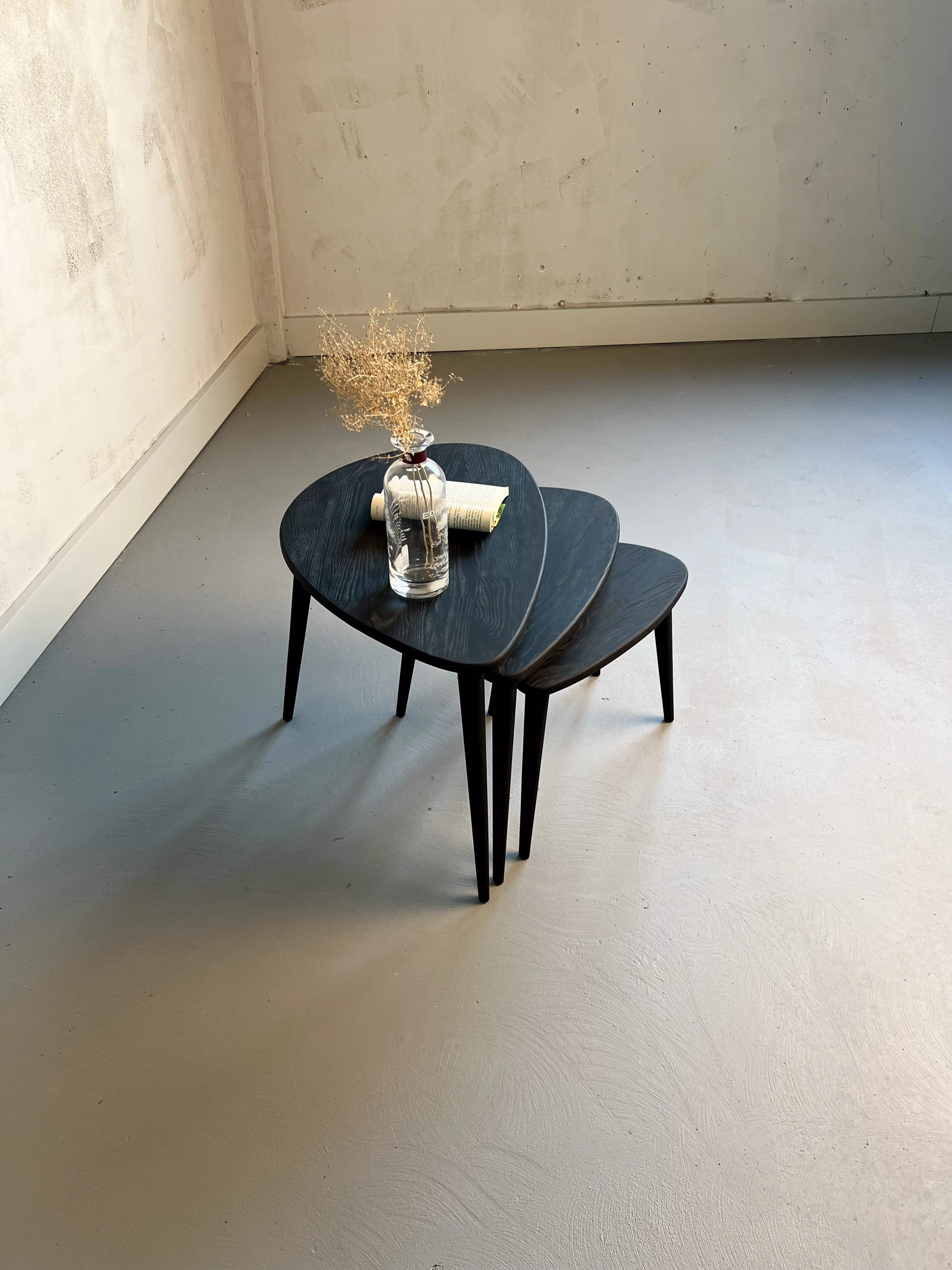 Ercol Stil Ahşap Zigon Sehpa Seti | 3’lü Retro Modern Tasarım | Masif Ağaç Yan Sehpa Takımı