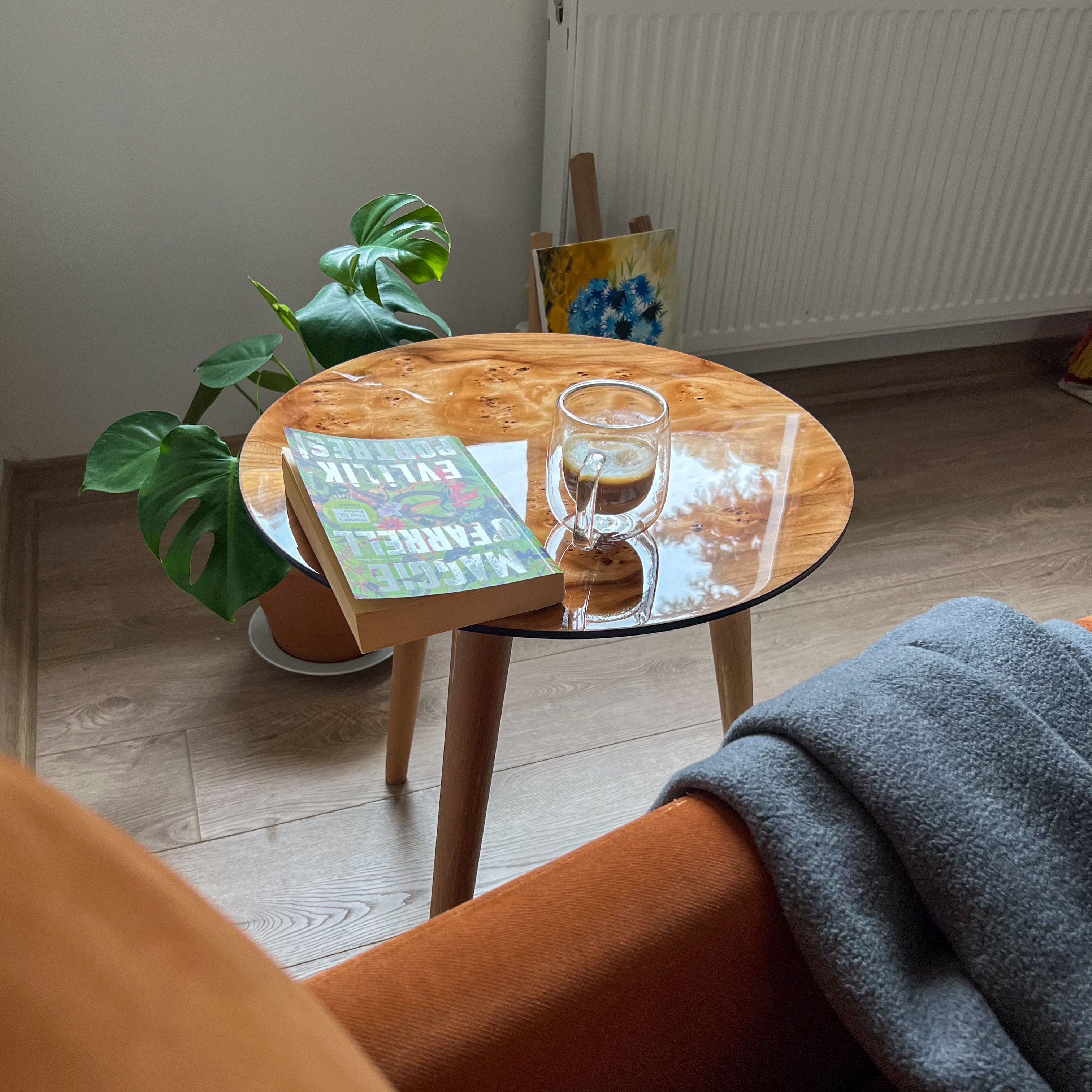 Natural wood Veneer Side Table | Glossy Finish – Walnut or Elm Options