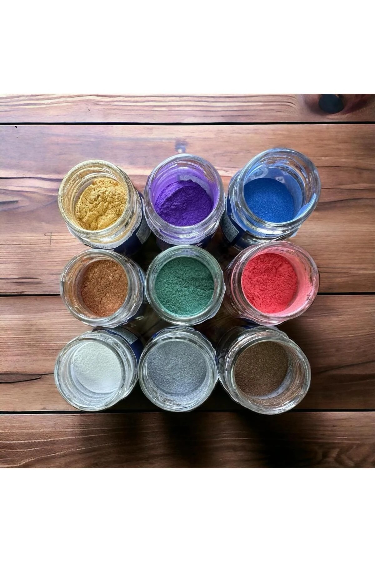 9’lu Sedefli Metalik Toz Pigment Seti – Beyaz/Gri/Kahve/Pembe/Yeşil/Bakır/Mavi/Mor/Altın | 90 gr