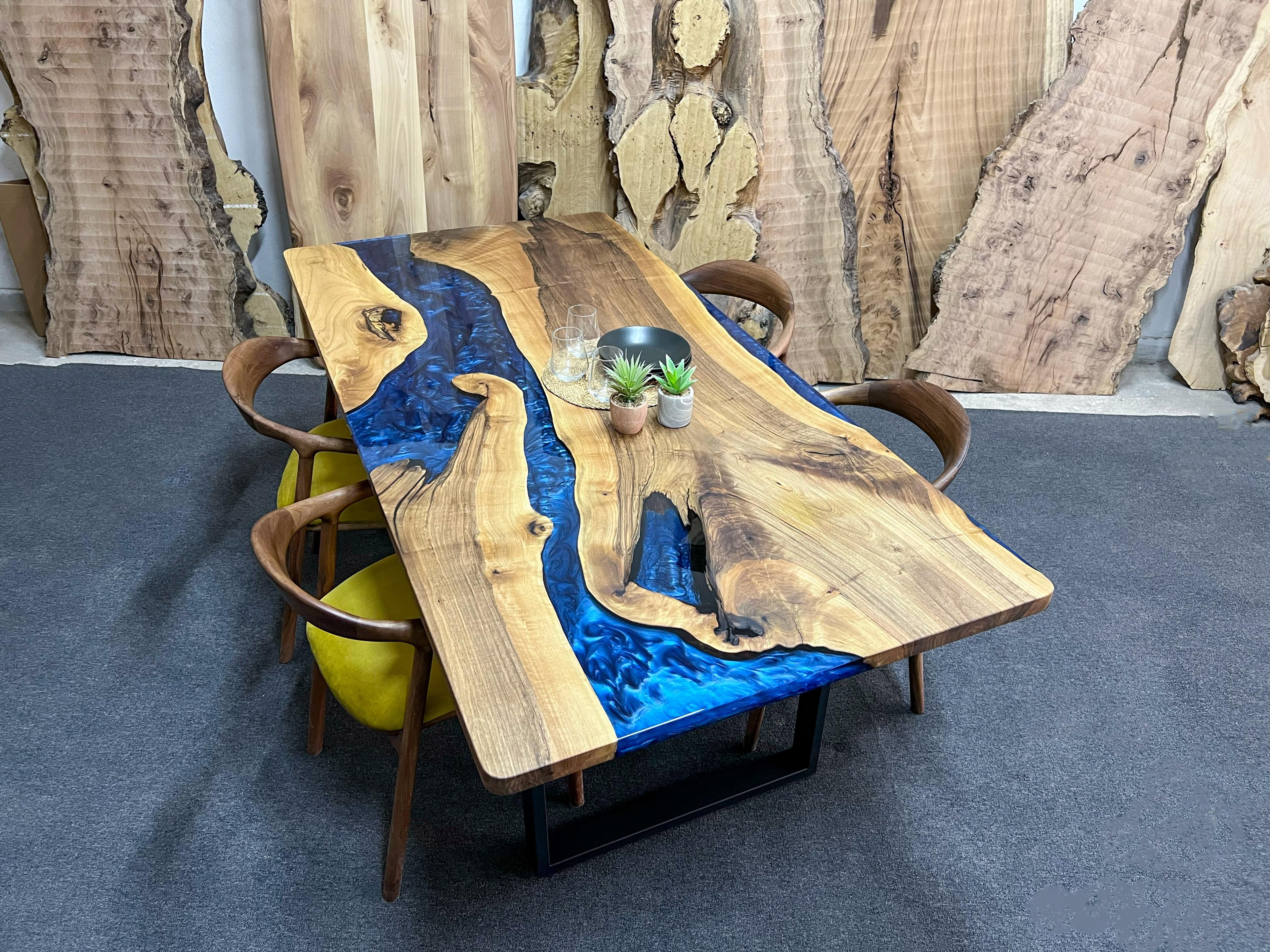 Blue River Table with Epoxy Resin and Walnut Wood